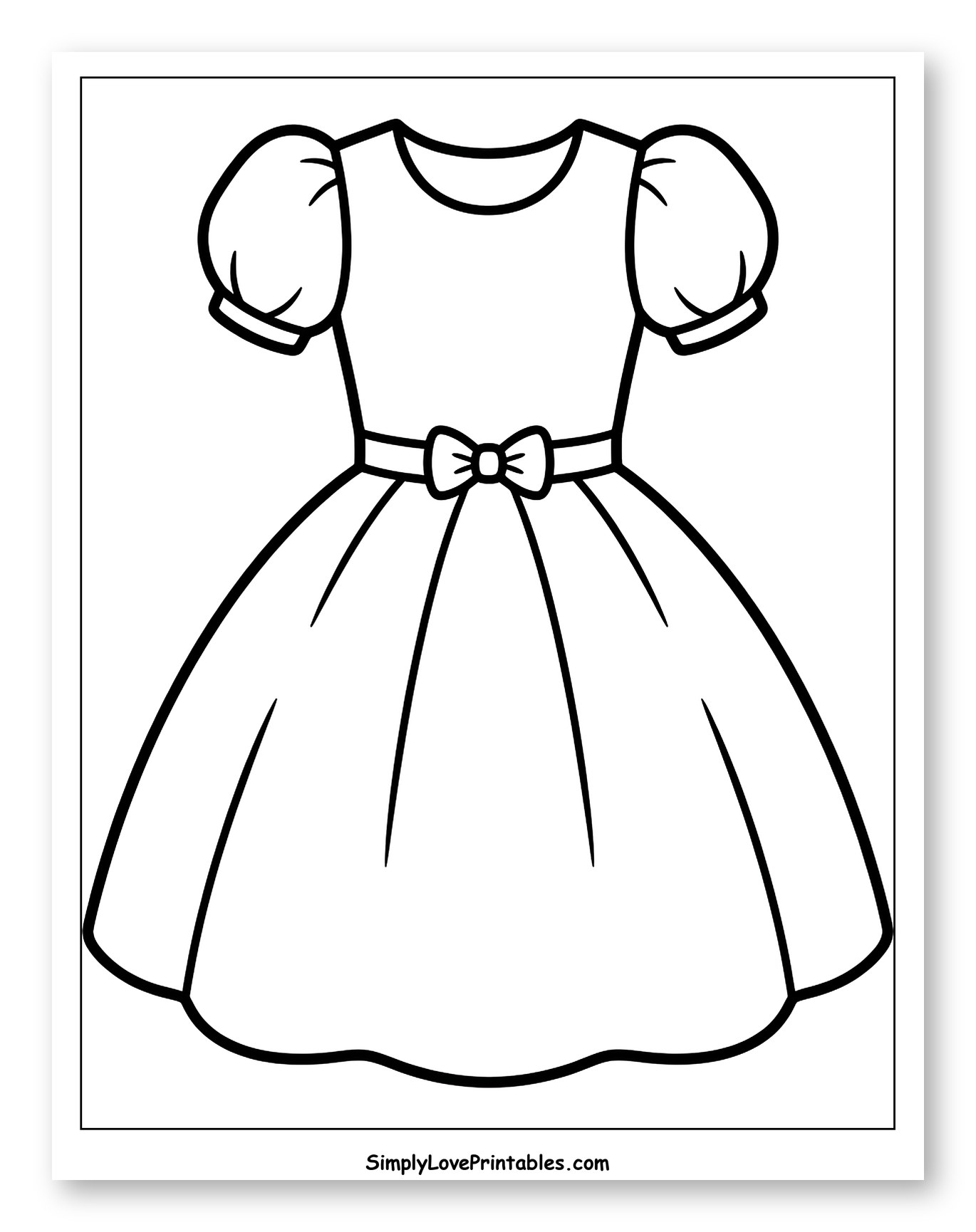 Pretty Dress with Puff Sleeves and Bow Coloring Page for Toddlers