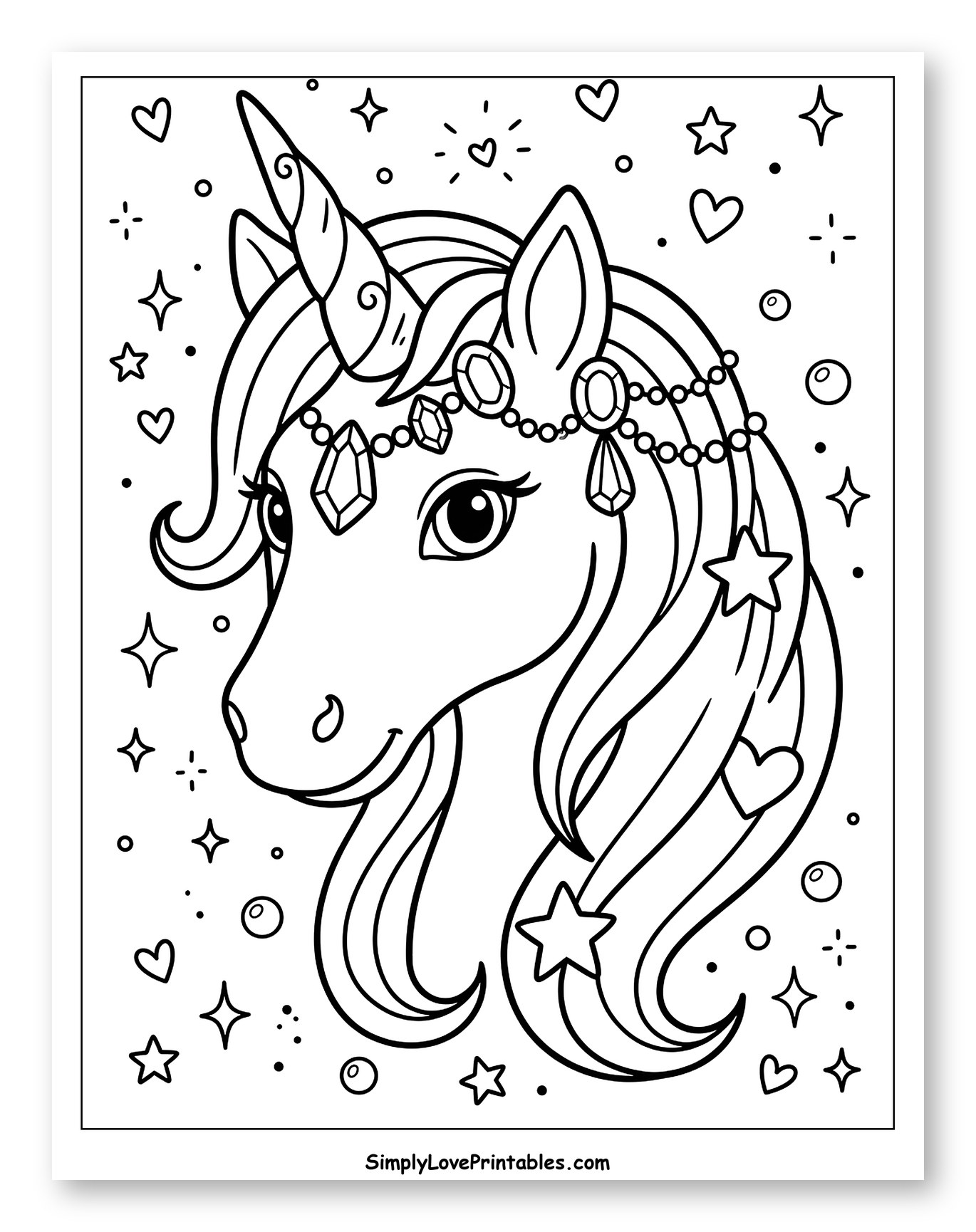 Pretty Unicorn with Sparkling Mane and Crown Coloring Sheet for Adults