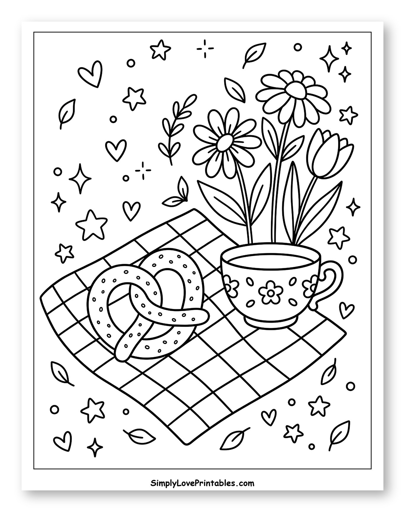 Pretzel, Flowers, and Tea on a Picnic Blanket