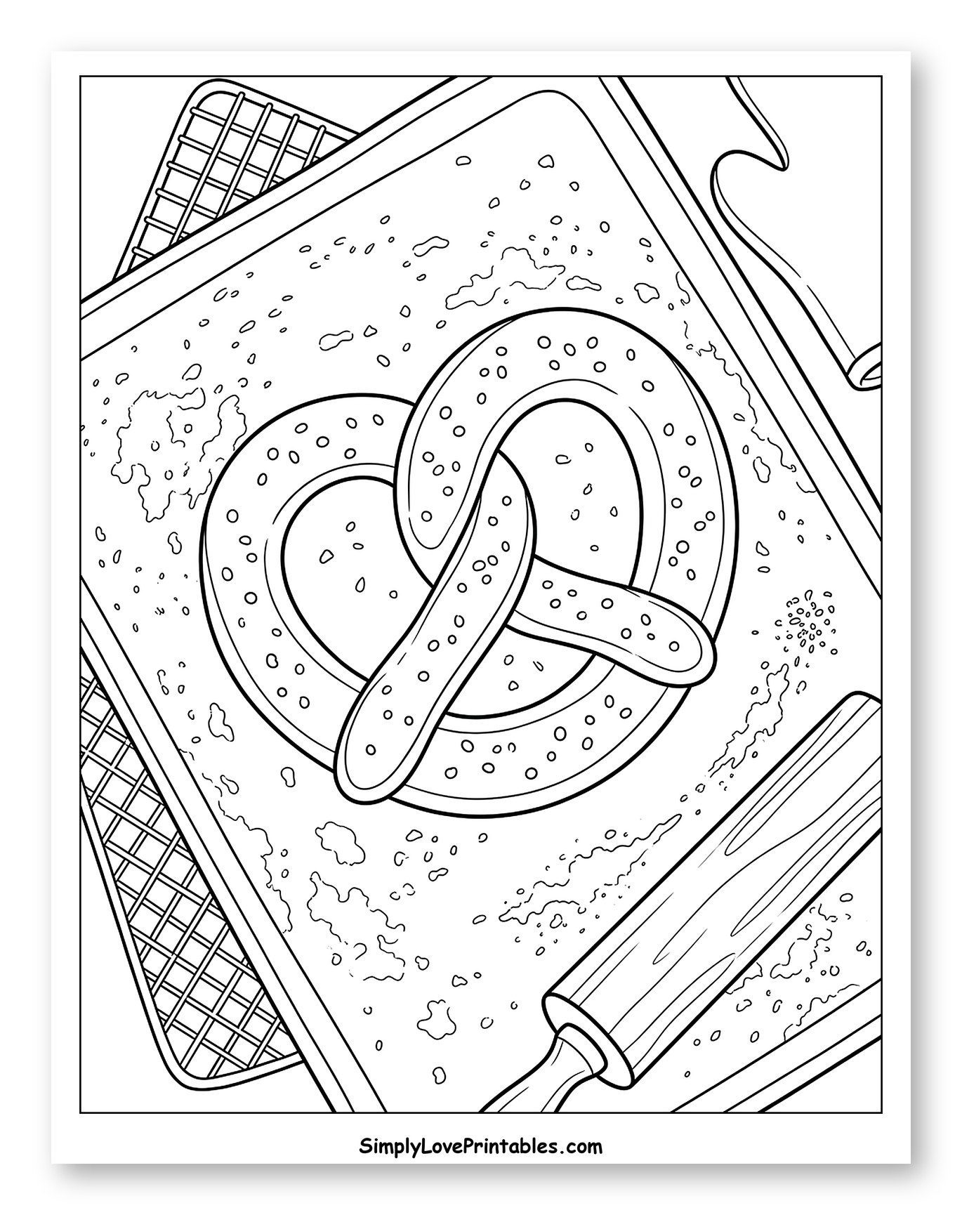 Pretzel on Baking Sheet with Rolling Pin Coloring Sheet