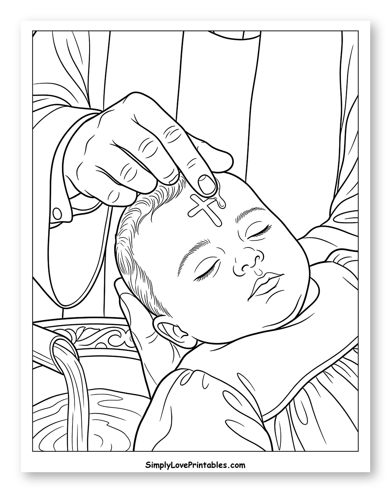 Priest Anointing Baby's Forehead During Baptism Coloring Page