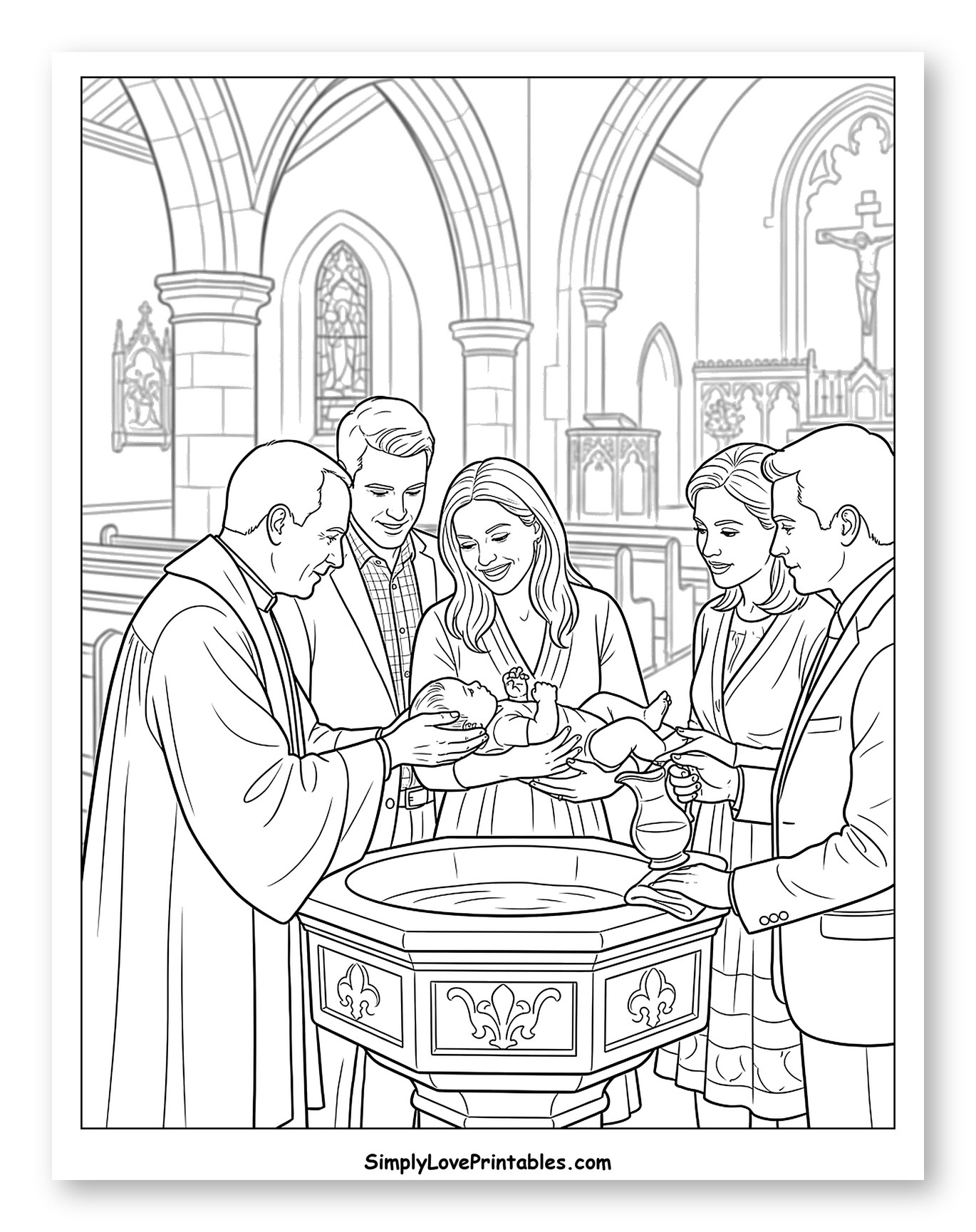 Priest Baptizing a Baby in a Church Coloring Sheet