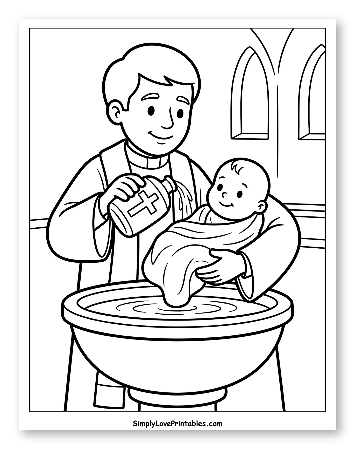 Priest Baptizing a Baby in a Church to Color for Toddlers