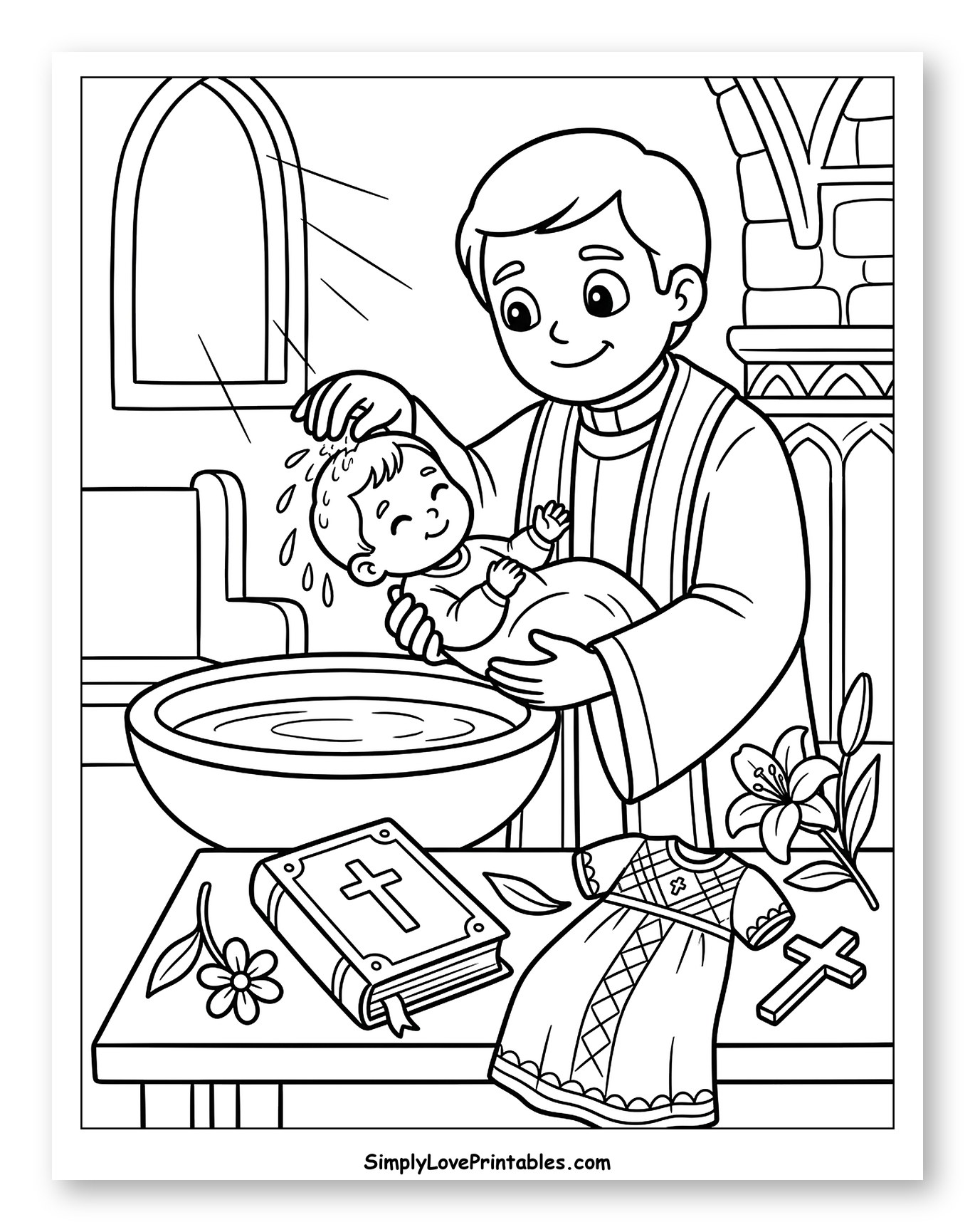 Priest Baptizing a Baby in Church to Color for Kids