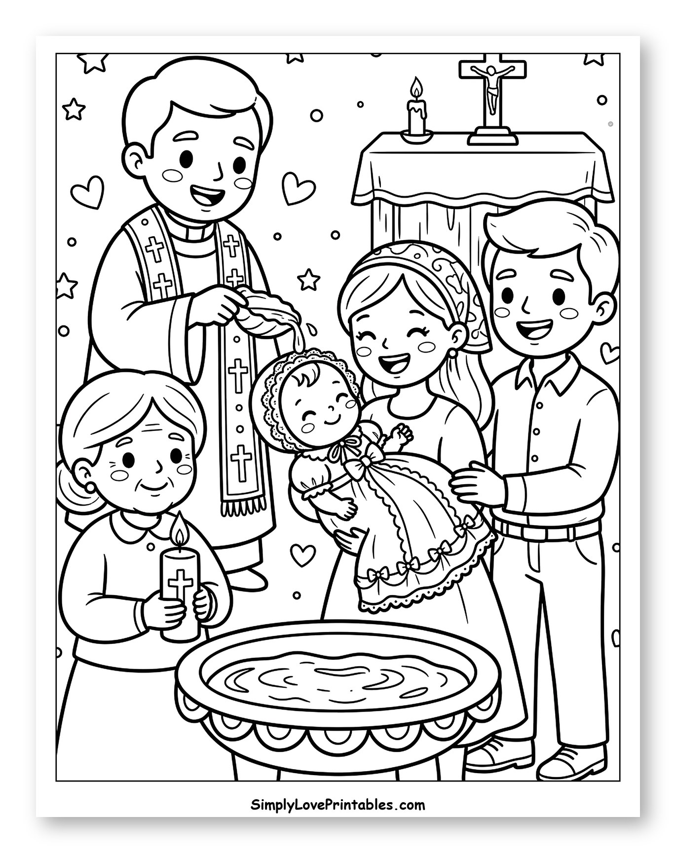 Priest Baptizing Baby with Family