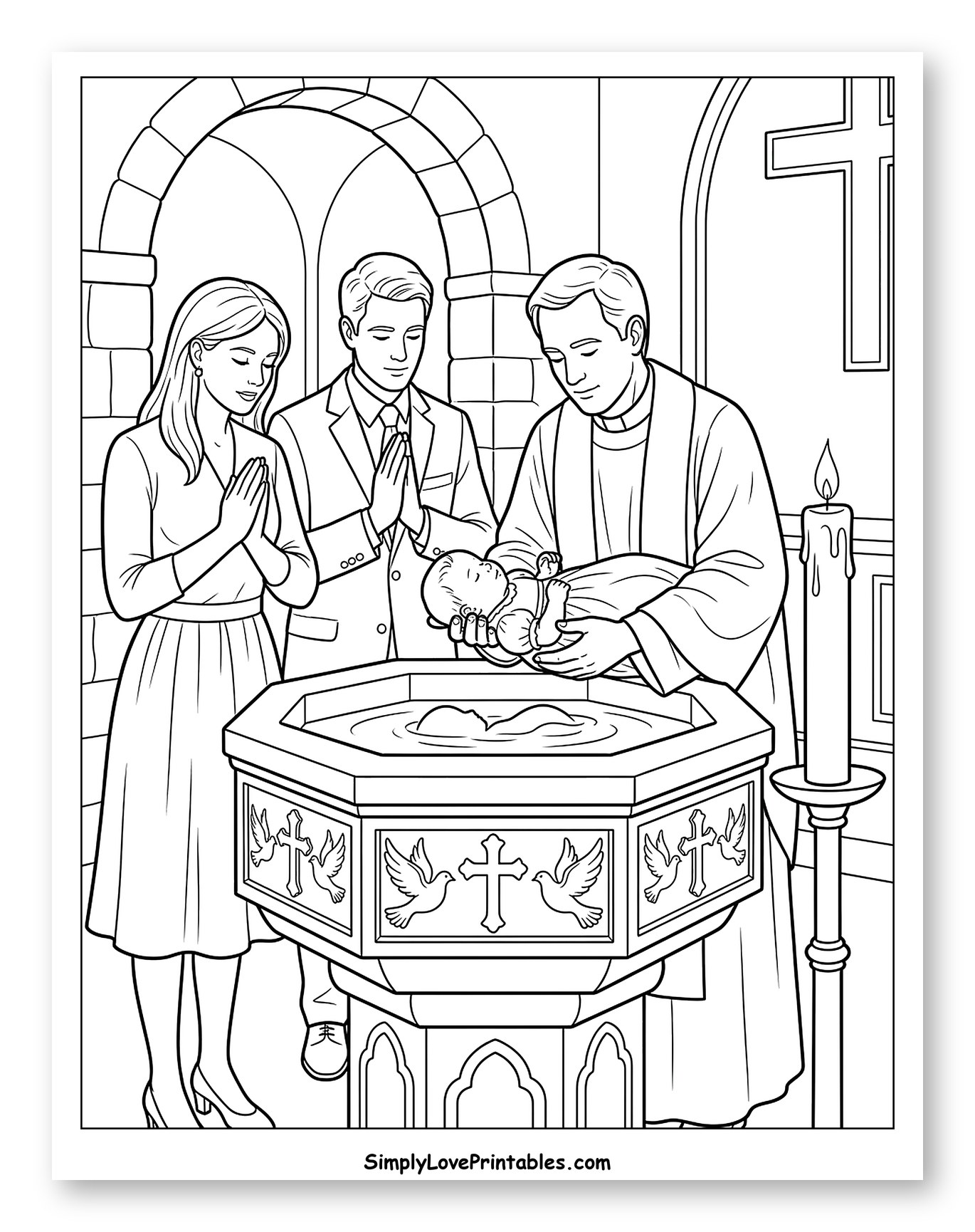 Priest Baptizing Baby with Parents Praying Coloring Page