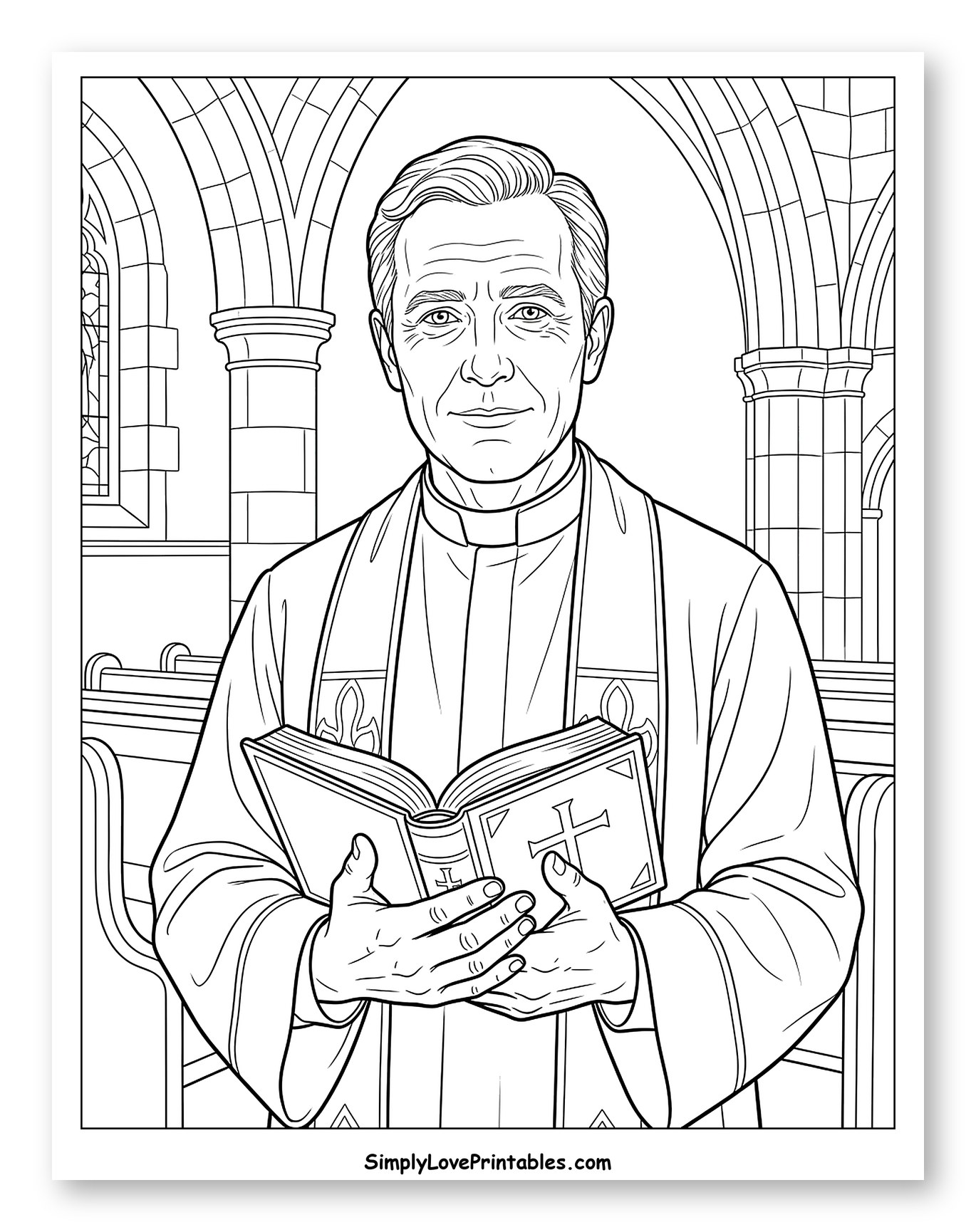 Priest Holding Bible in a Church Coloring Page