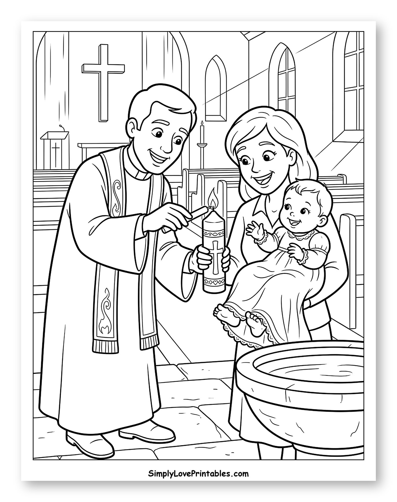 Priest Lighting Candle at Baby Baptism to Color for Kids