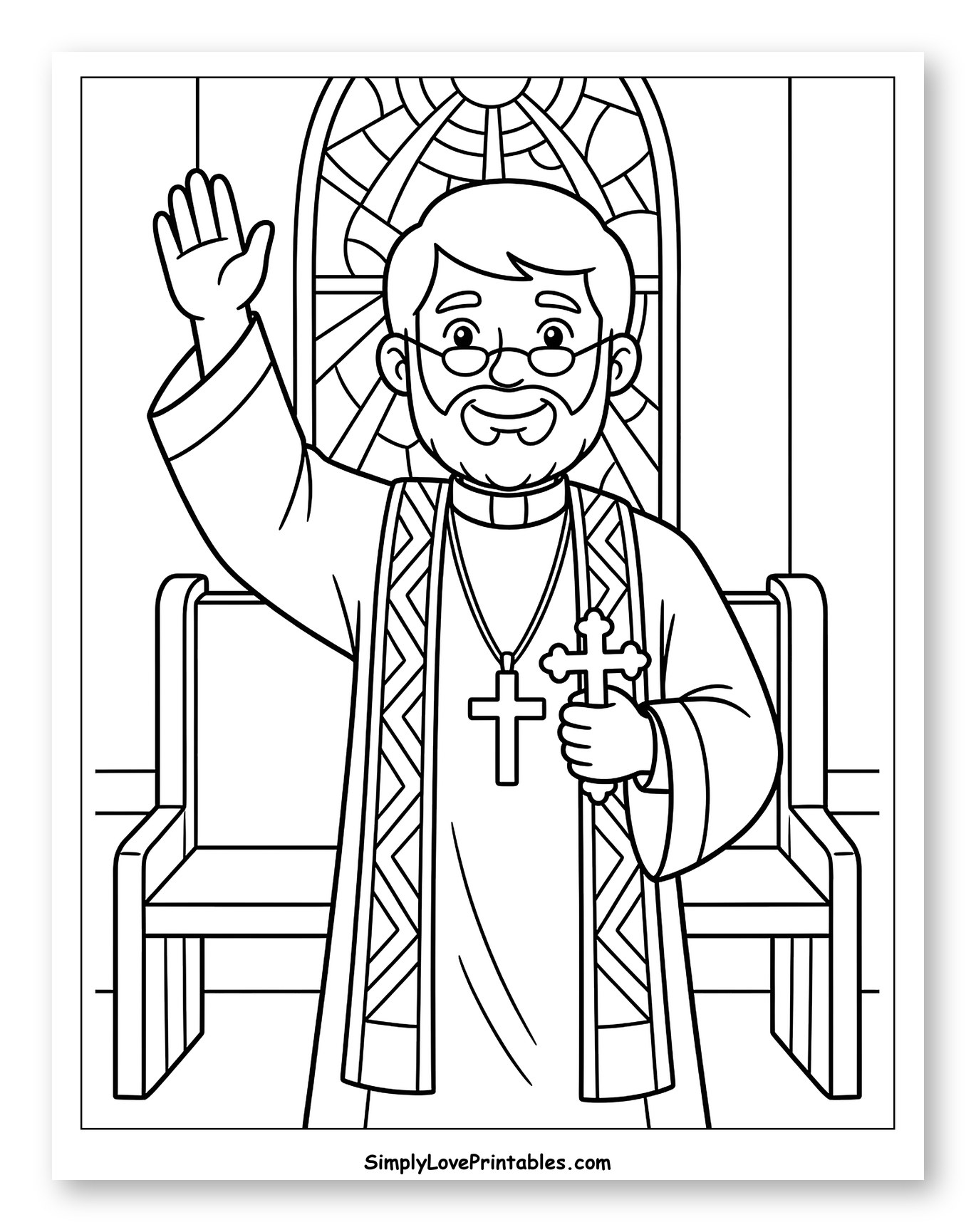 Priest Waving in Front of Stained Glass Coloring Page for Kids