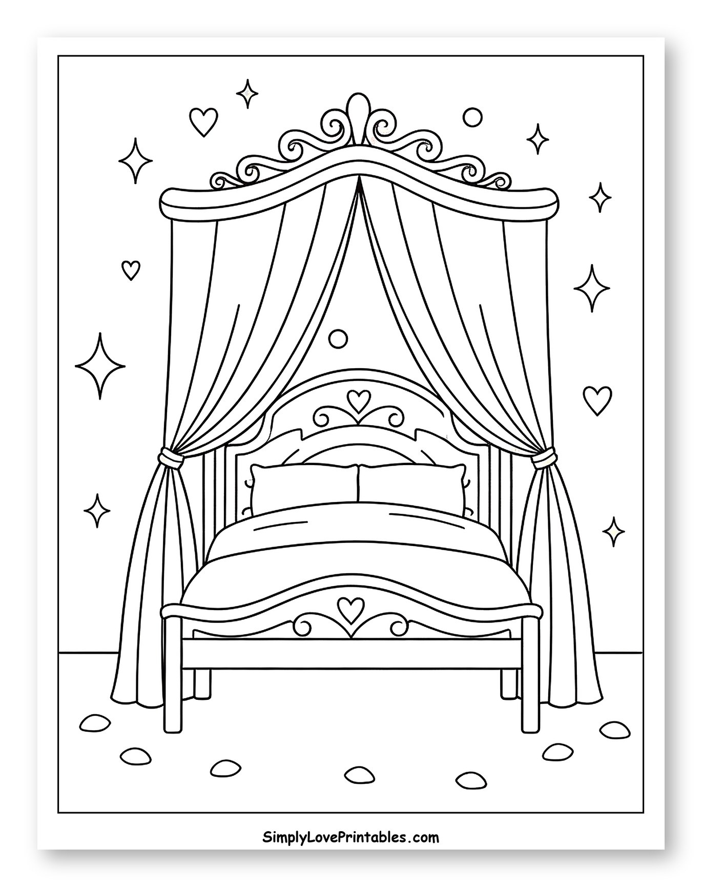 Princess Bed with Curtains and Sparkling Details Coloring Sheet for Adults
