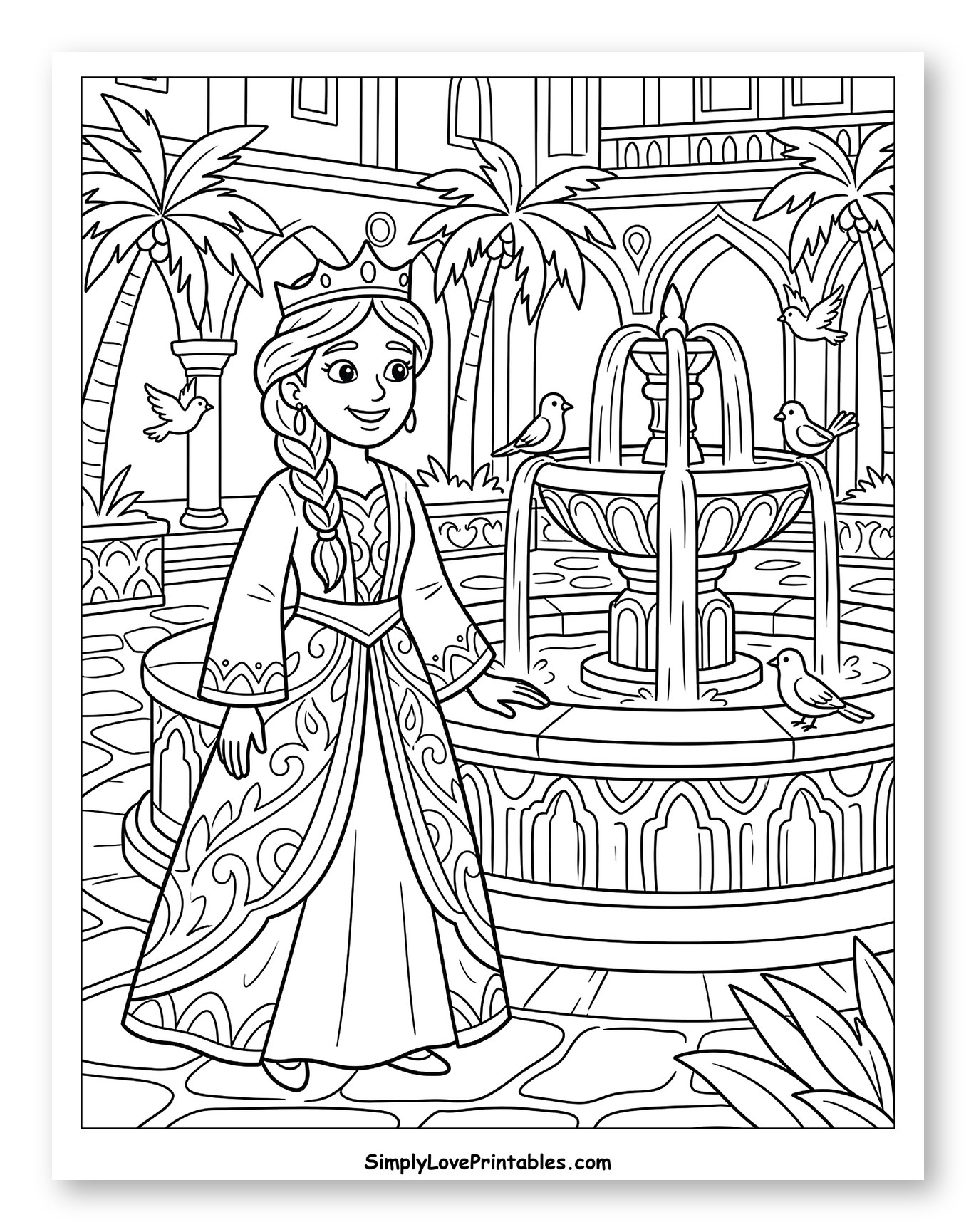 Princess in Palace Garden with Fountain to Color for Kids