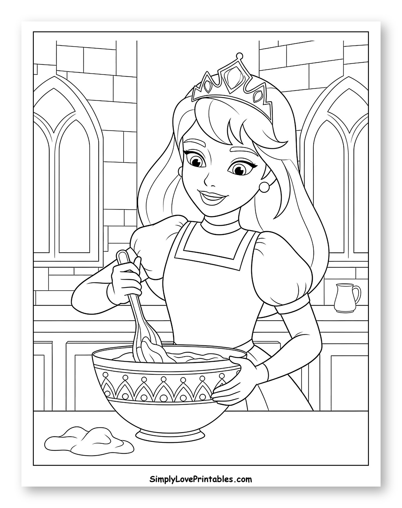 Princess Mixing Batter in a Decorative Bowl Coloring Page for Kids