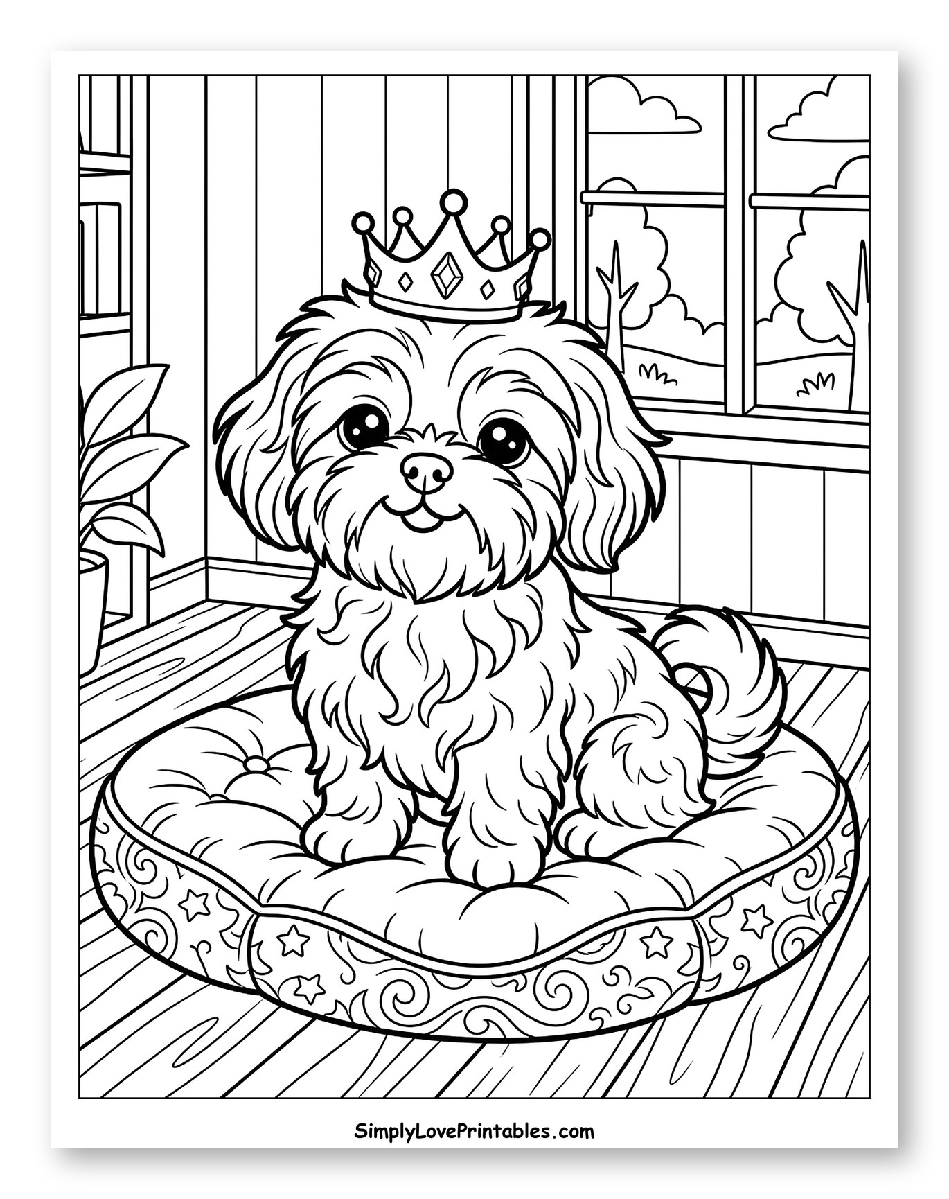 Princess Shih Tzu on a Dog Bed Coloring Page for Kids