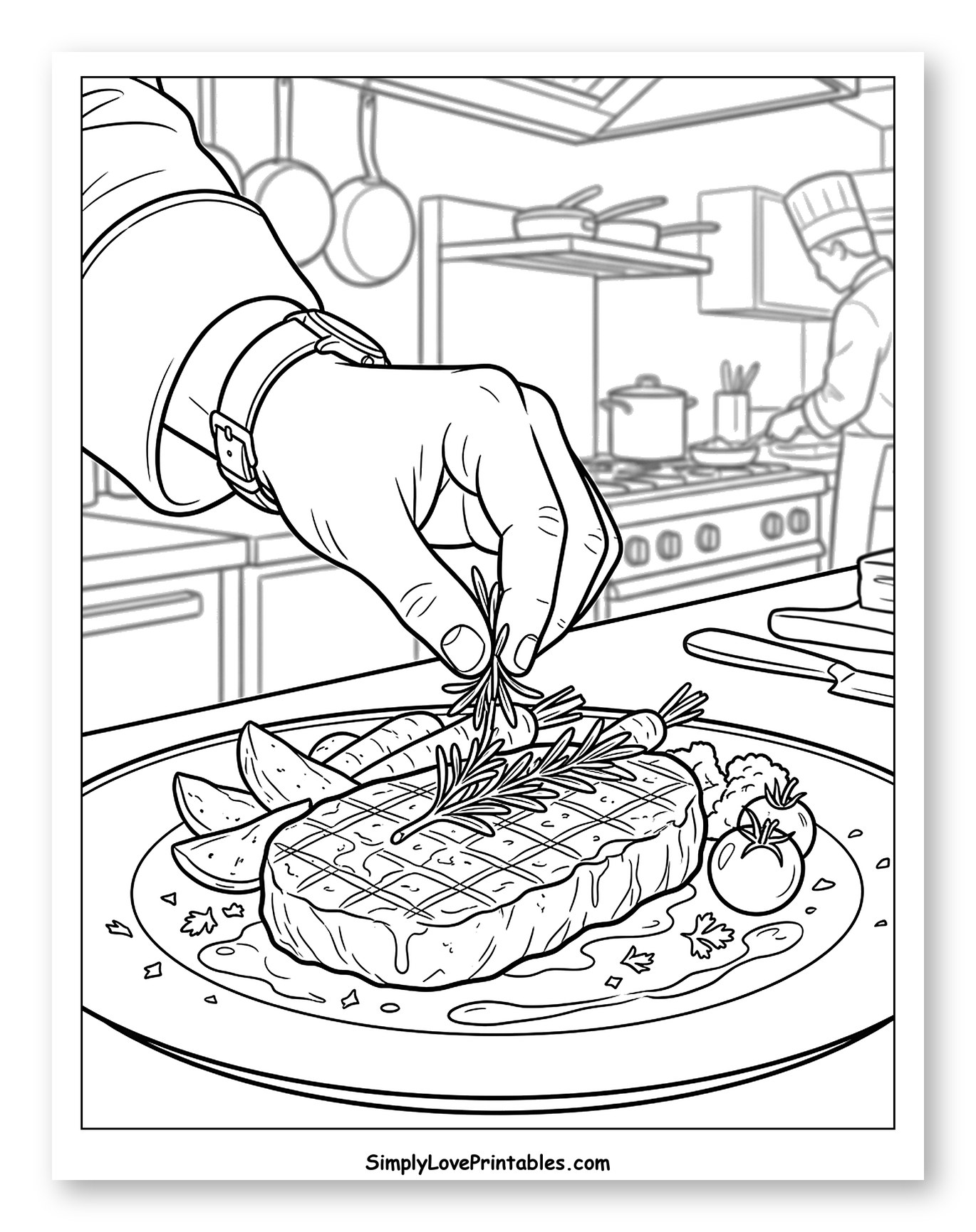 Professional Chef Plating a Gourmet Steak Meal Coloring Page