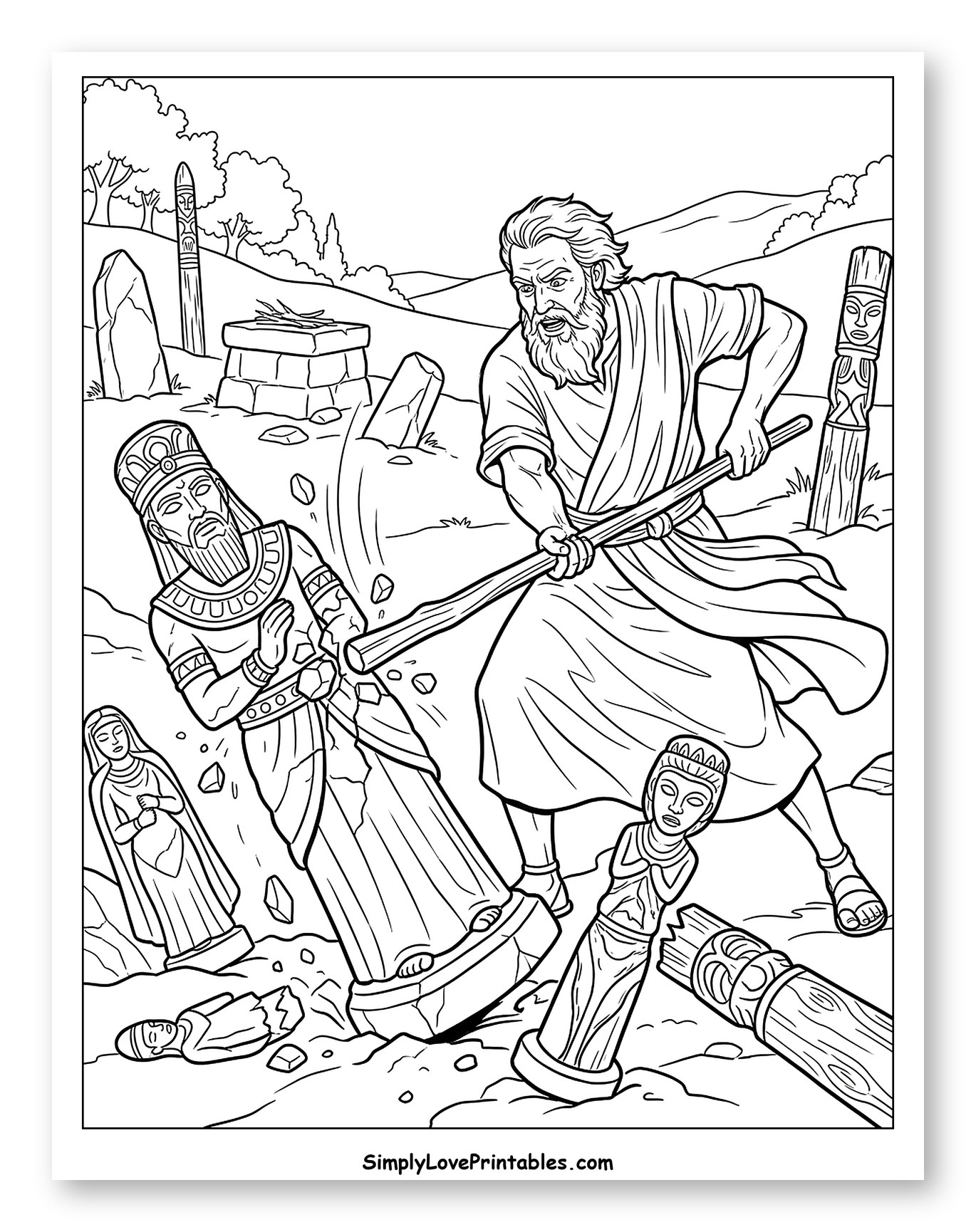 Prophet Destroying Pagan Idols and Altar Coloring Page