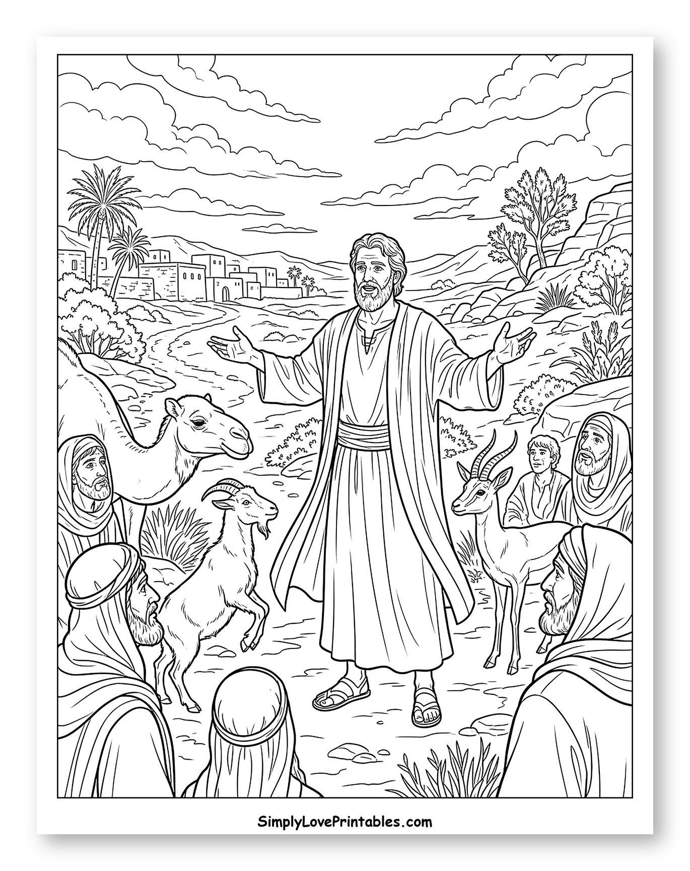 Prophet Preaching to a Crowd with Animals Coloring Sheet