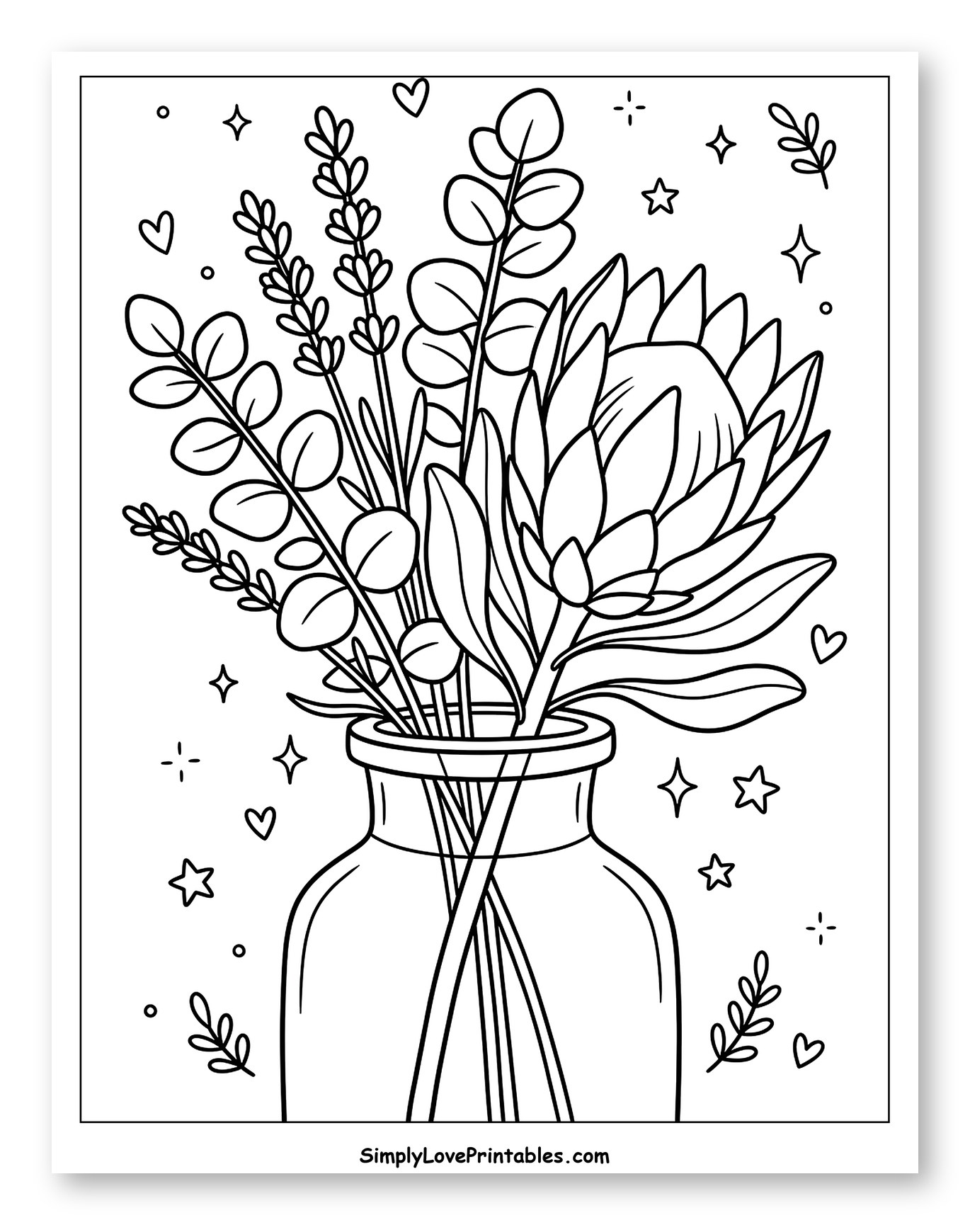 Protea and Lavender Bouquet in Vase to Color for Adults