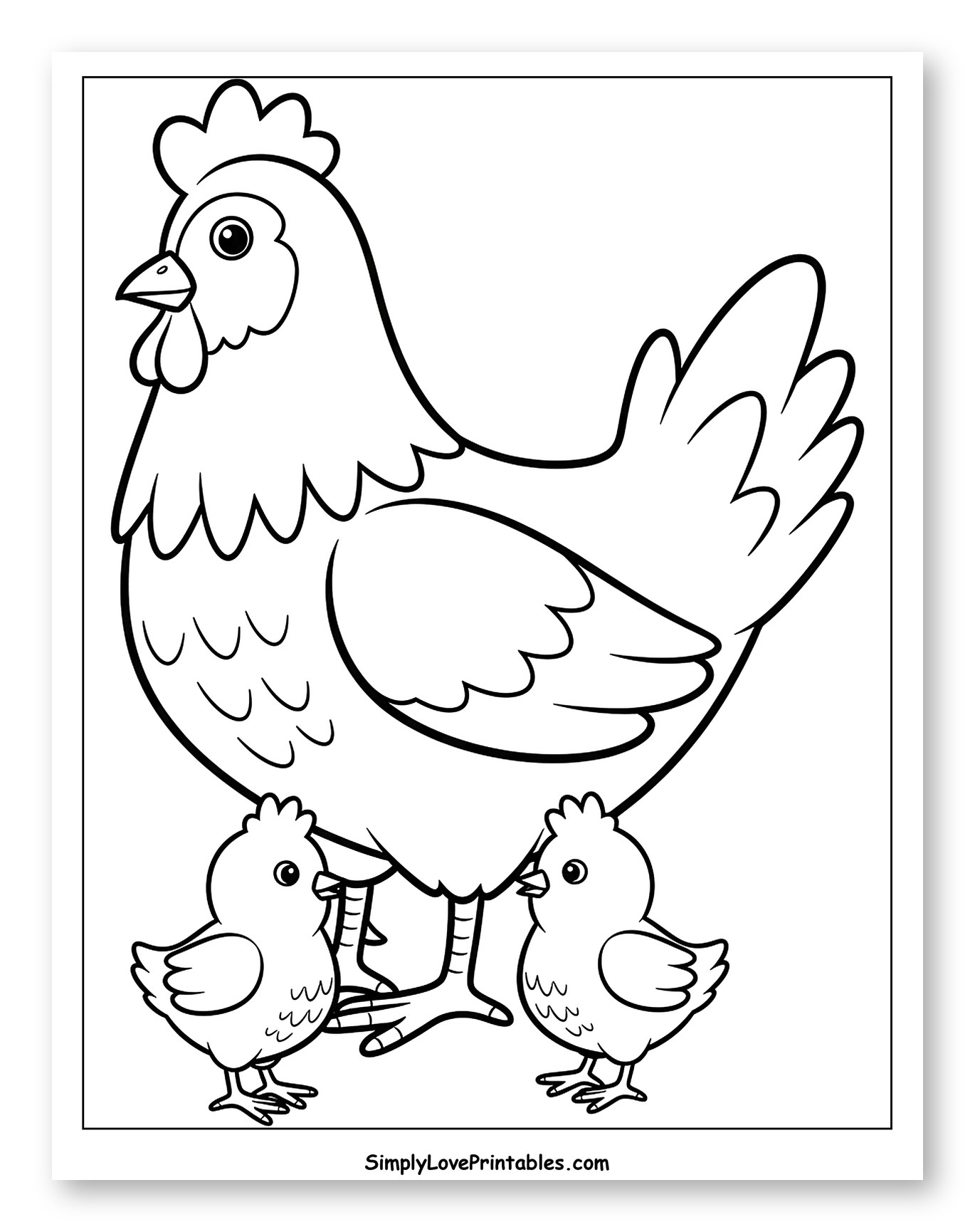 Proud Mother Hen and Her Two Chicks Coloring Page for Toddlers