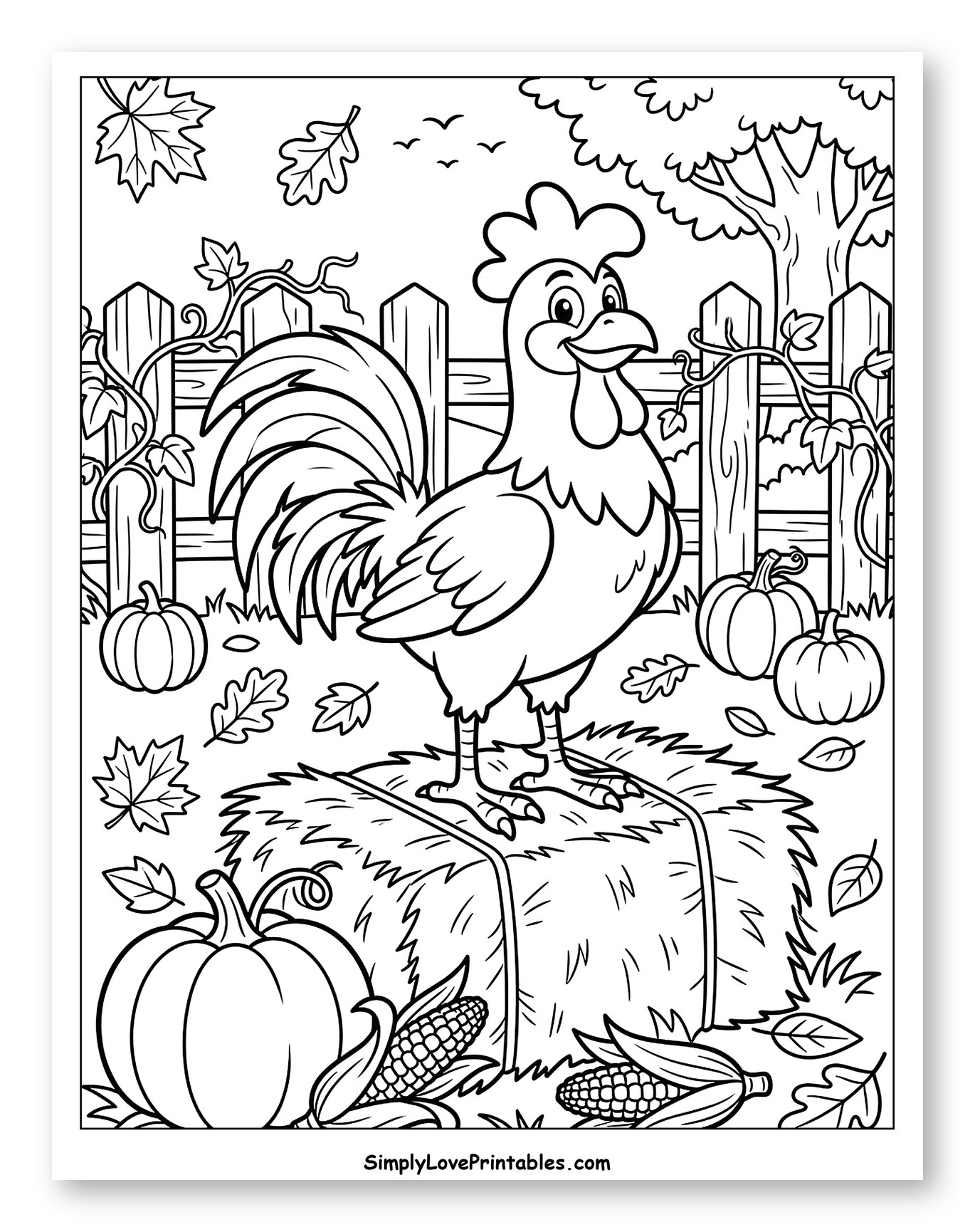 Proud Rooster on a Hay Bale with Autumn Harvest