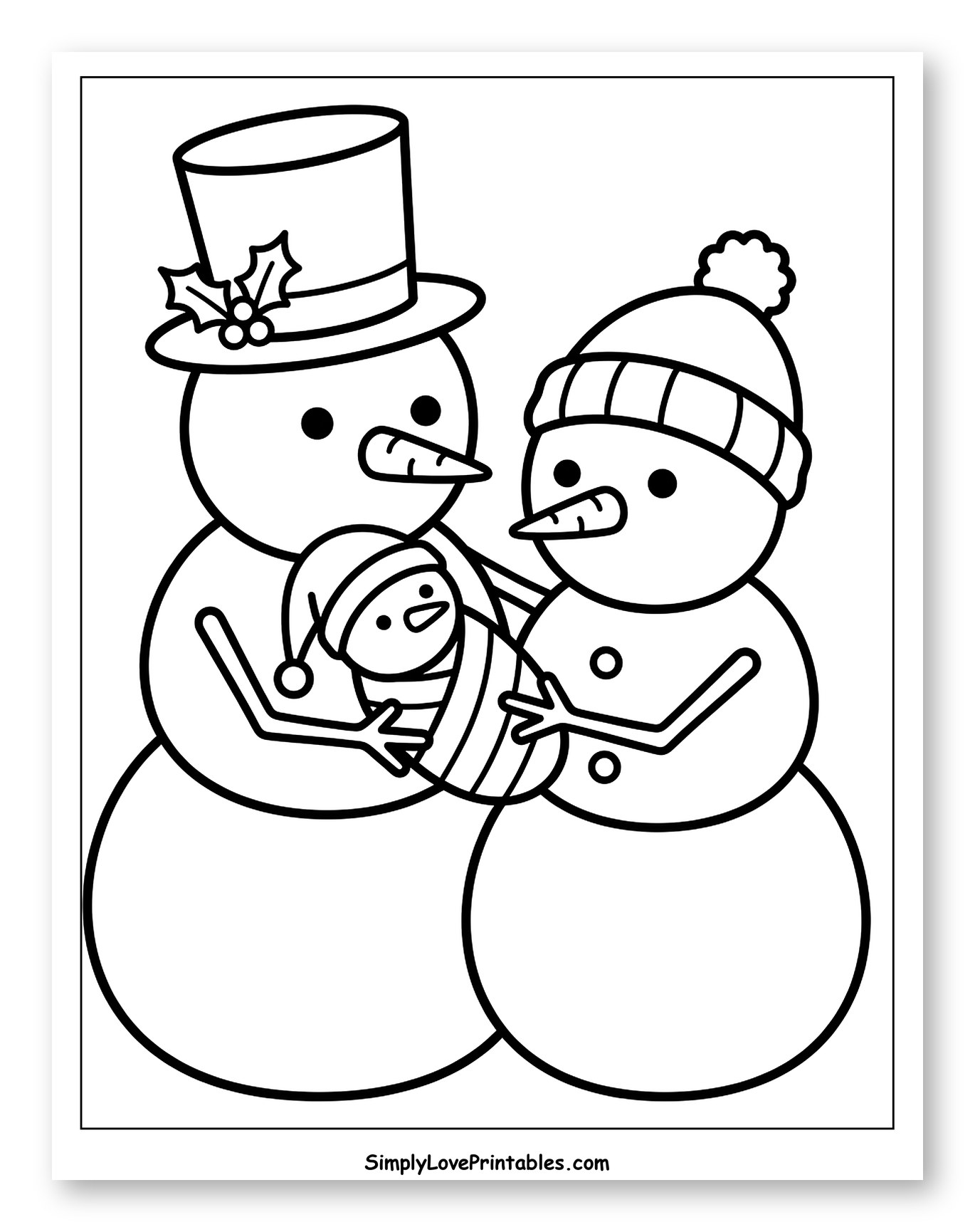 Proud Snowman Parents Cradling Baby Snowman