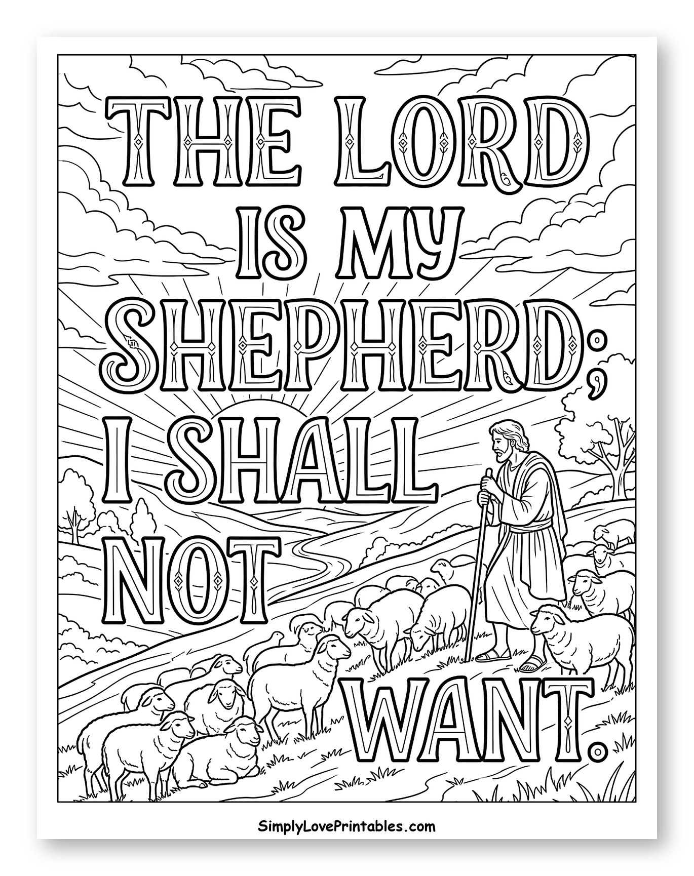 Psalm 23 Shepherd and Sheep Landscape Coloring Page