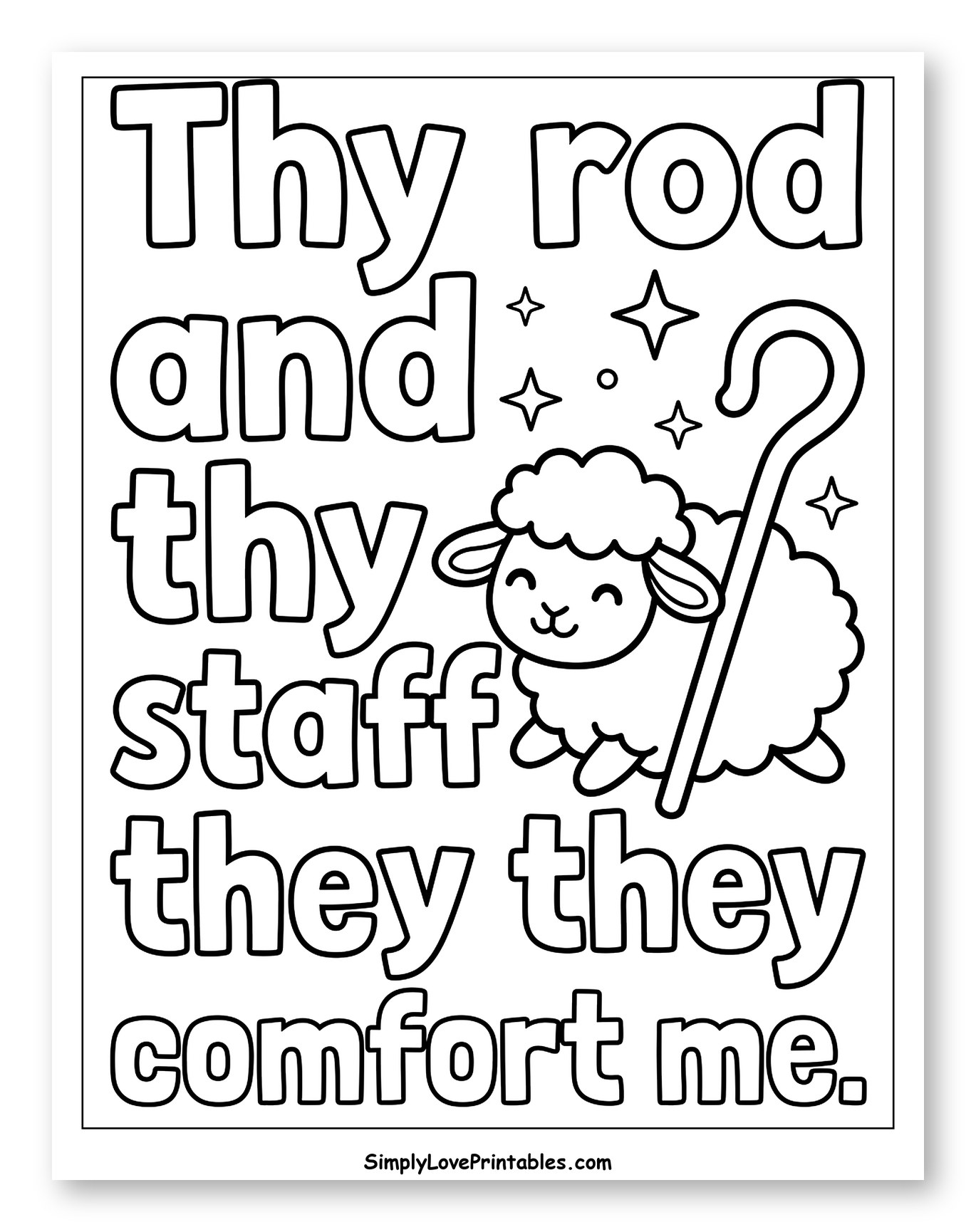 Psalm 23 Verse with Sheep and Staff Coloring Sheet for Kids
