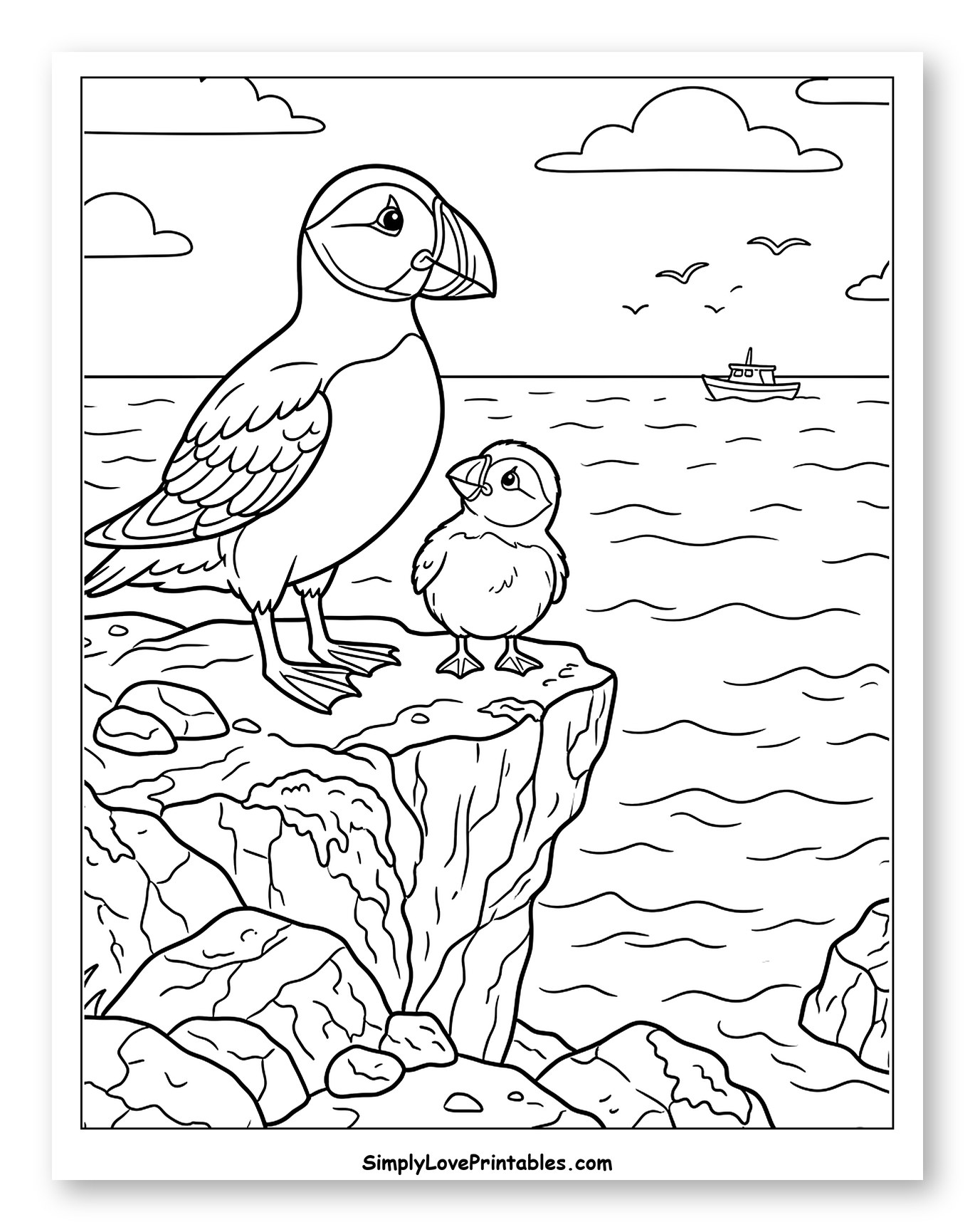 Puffin and Chick on a Cliff Overlooking Ocean