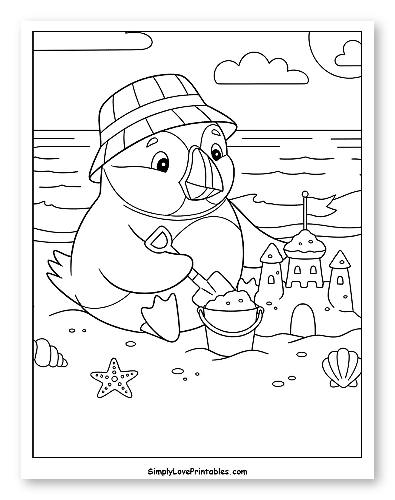 Puffin Building a Sandcastle on the Beach to Color for Kids