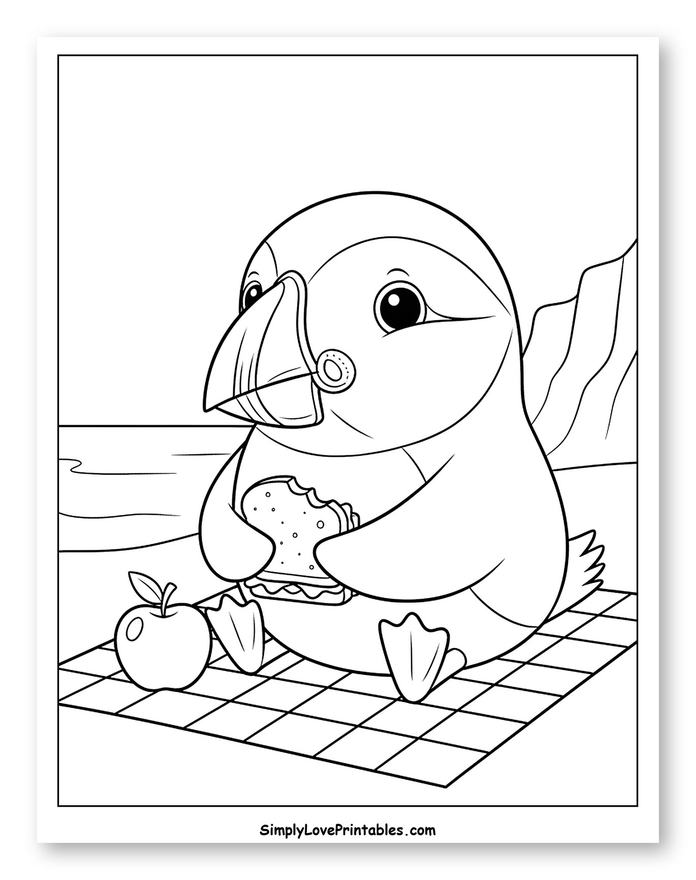Puffin Eating a Sandwich at the Beach to Color for Kids