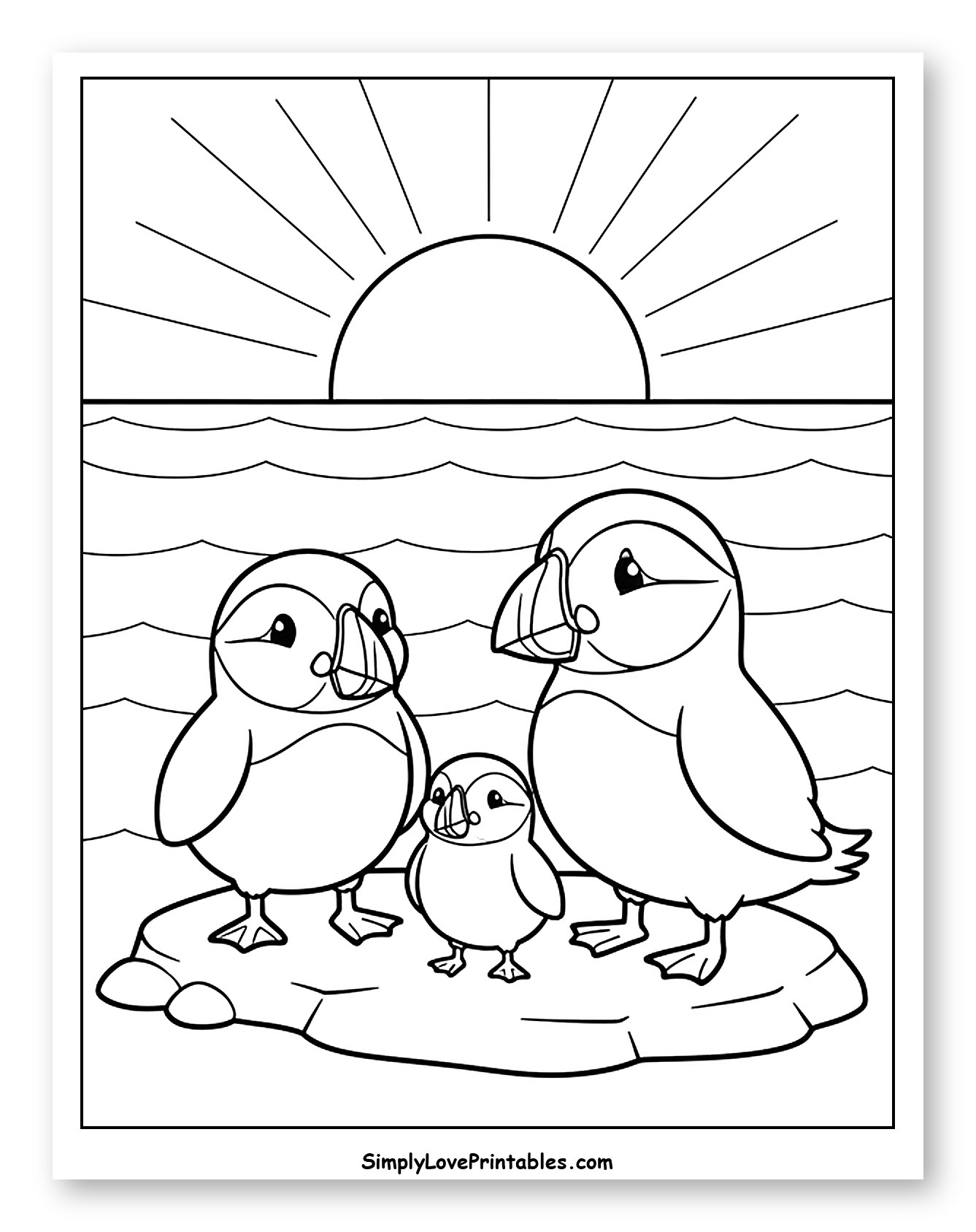 Puffin Family on a Rock at Sunrise