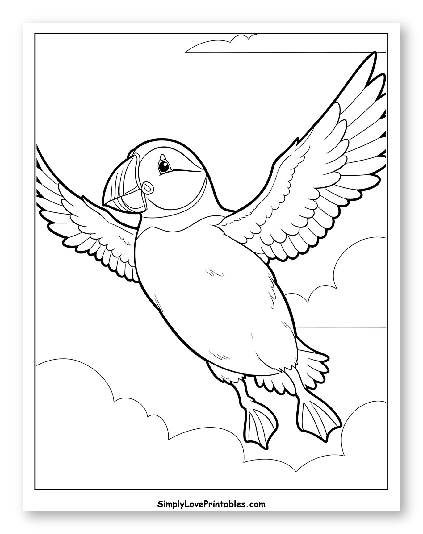 Puffin Flying Through Cloudy Sky Coloring Page for Toddlers