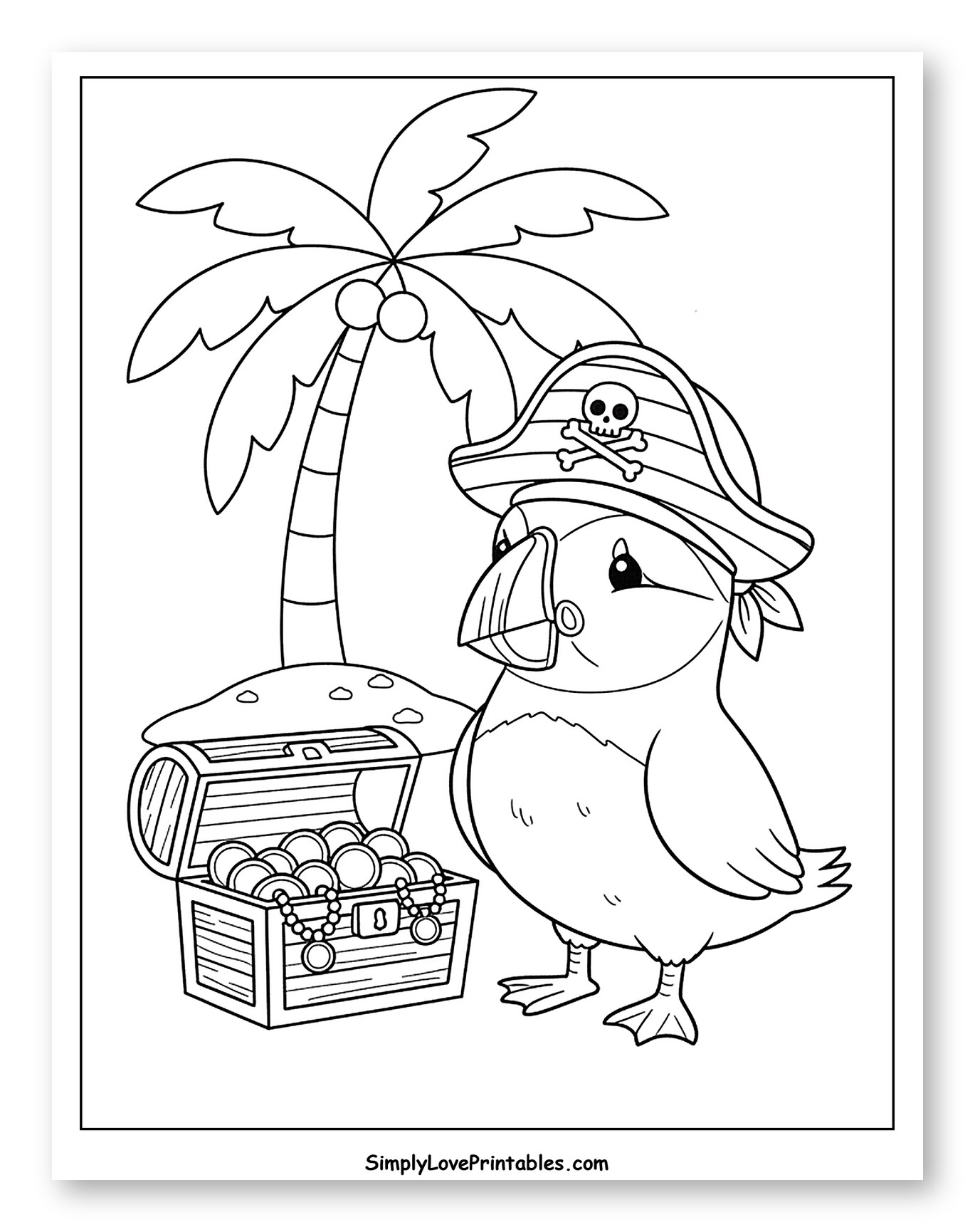 Puffin Pirate with Treasure Chest and Palm Tree