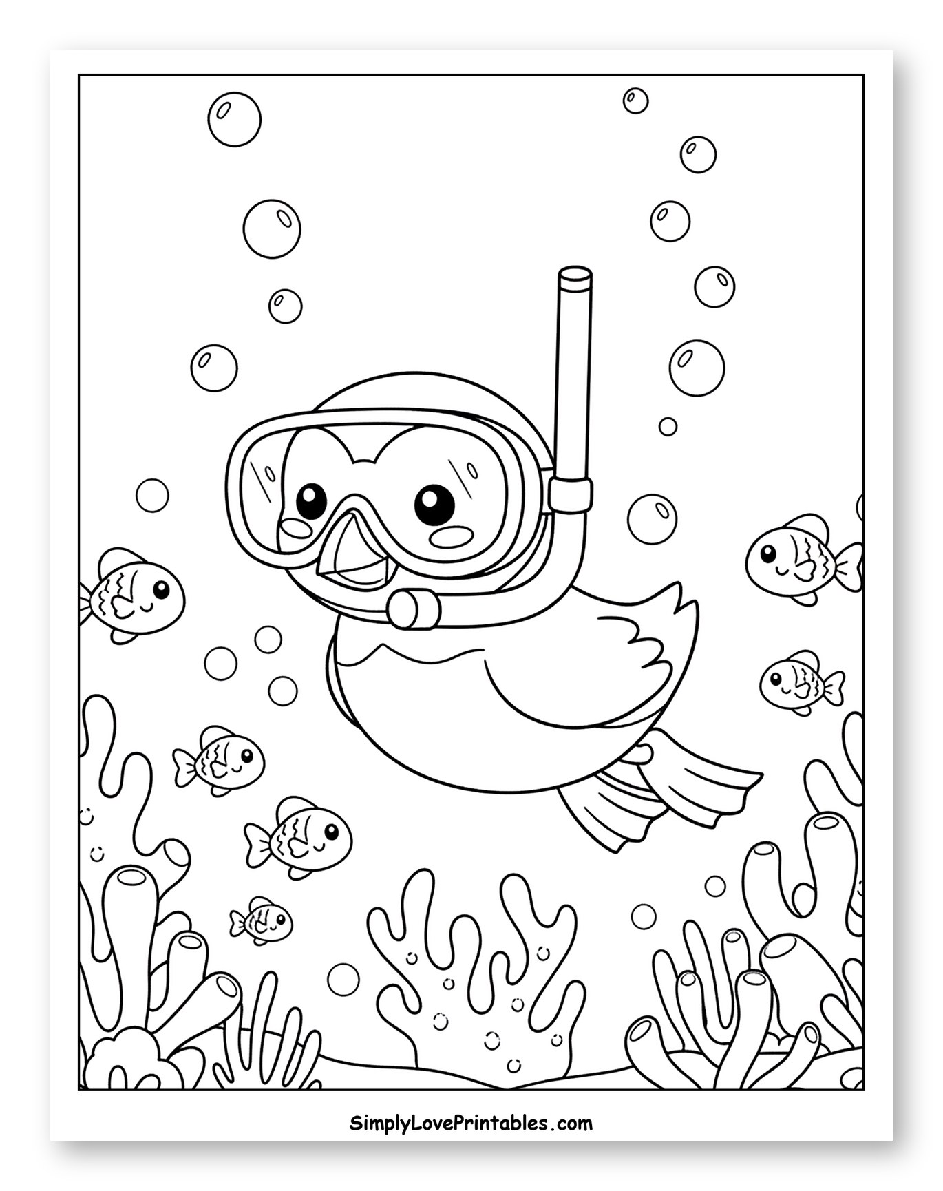 Puffin Snorkeling with Fish and Coral Coloring Sheet for Kids