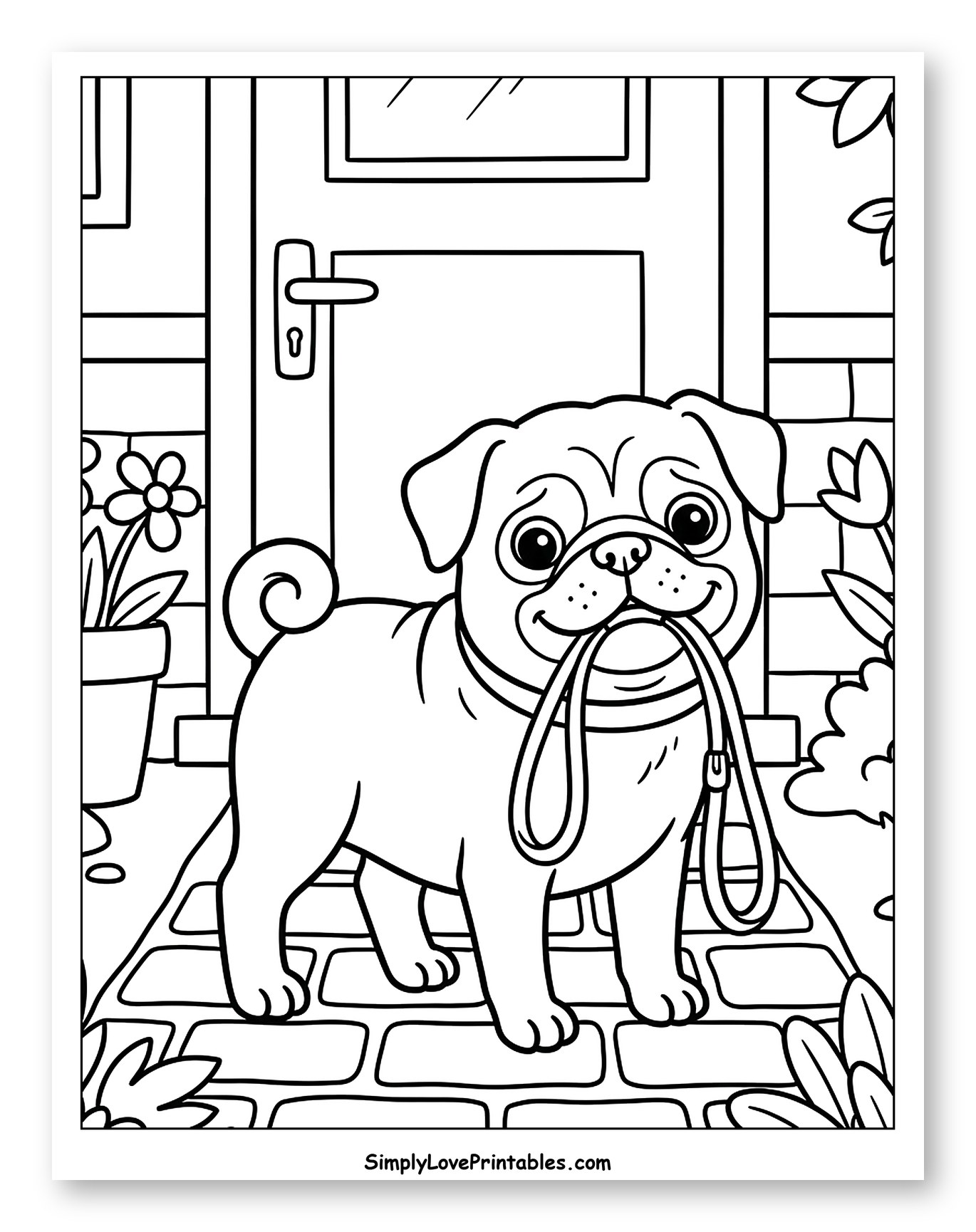 Pug Holding Leash on Brick Path