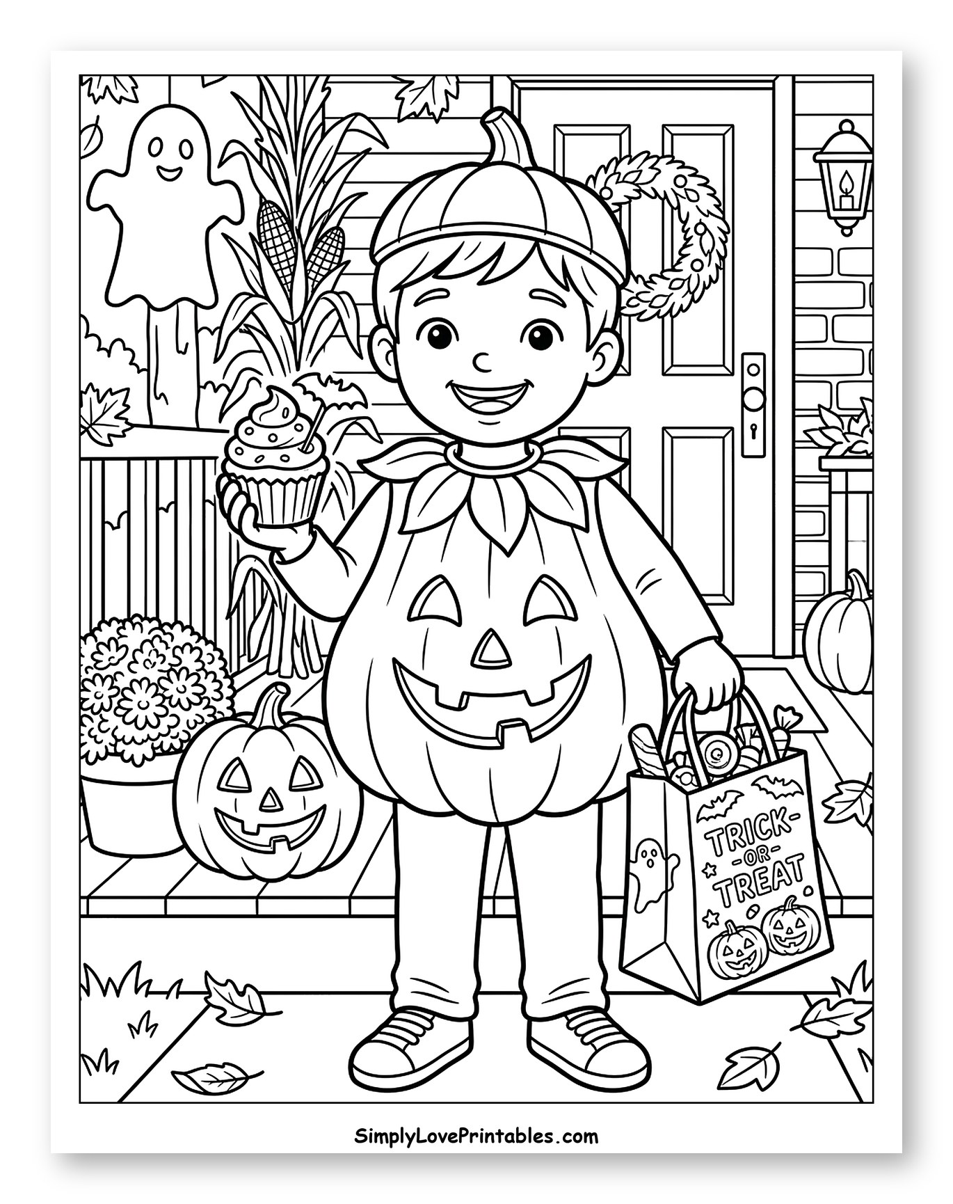 Pumpkin Boy Holding Cupcake and Trick-or-Treat Bag