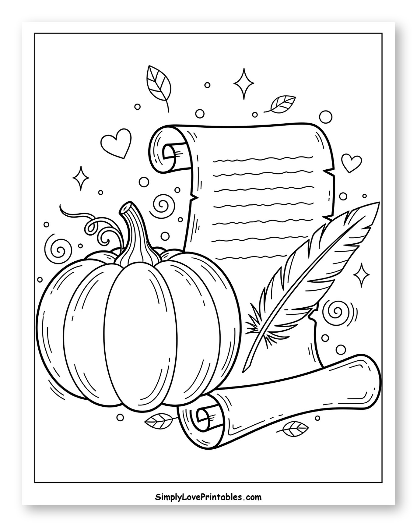 Pumpkin with Scroll and Feather Pen Coloring Sheet for Adults