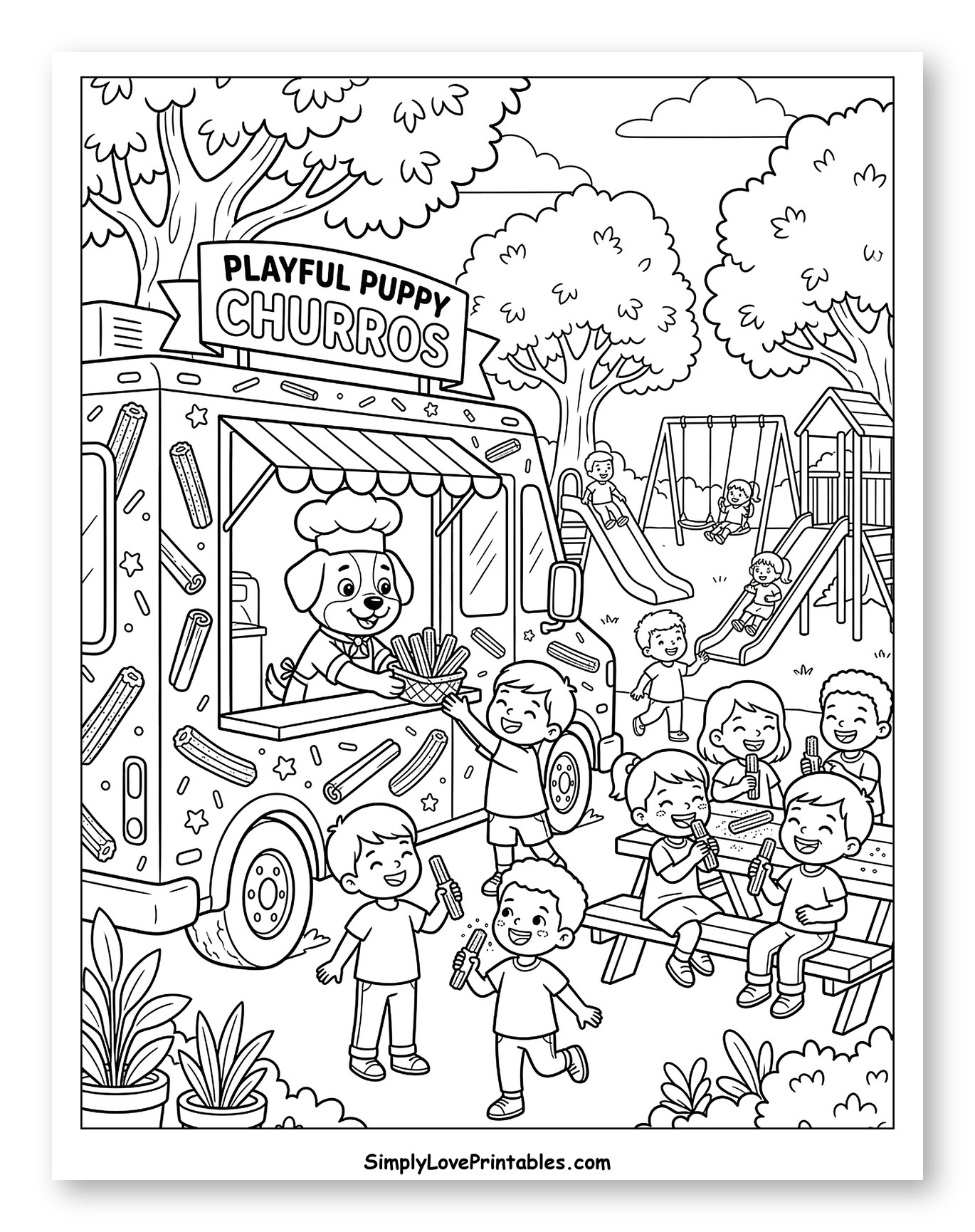 Puppy Chef Serving Churros to Happy Kids to Color for Kids