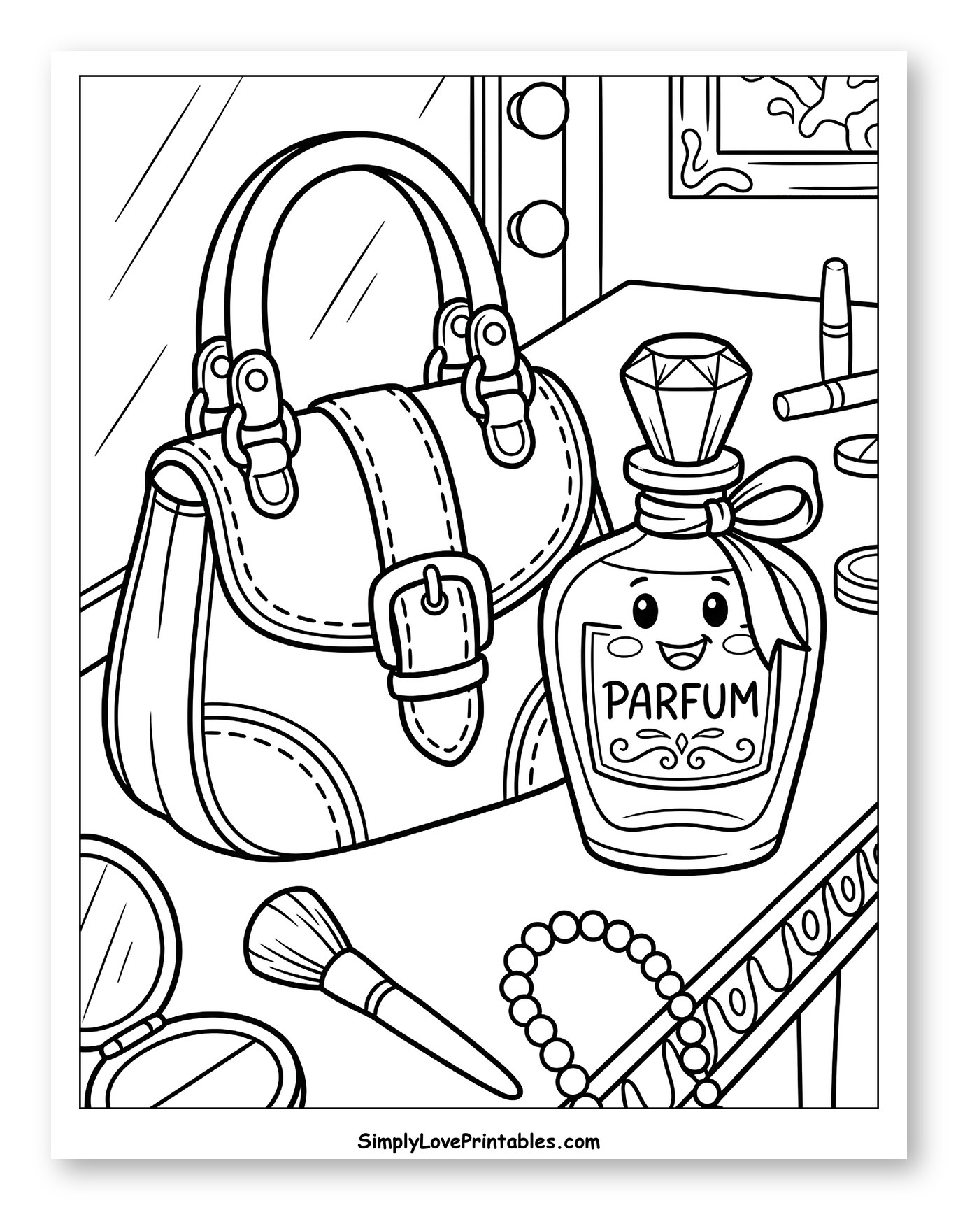 Purse, Perfume Bottle, and Makeup on Vanity Coloring Page for Kids