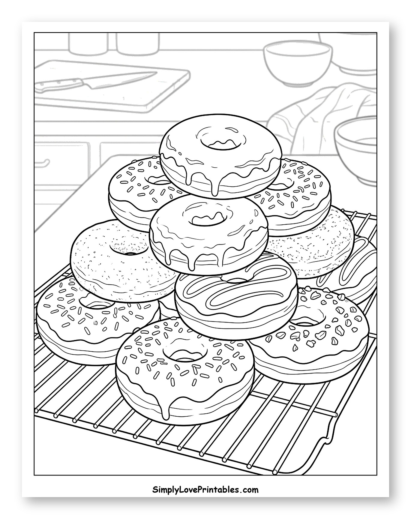Pyramid of Donuts on a Cooling Rack to Color
