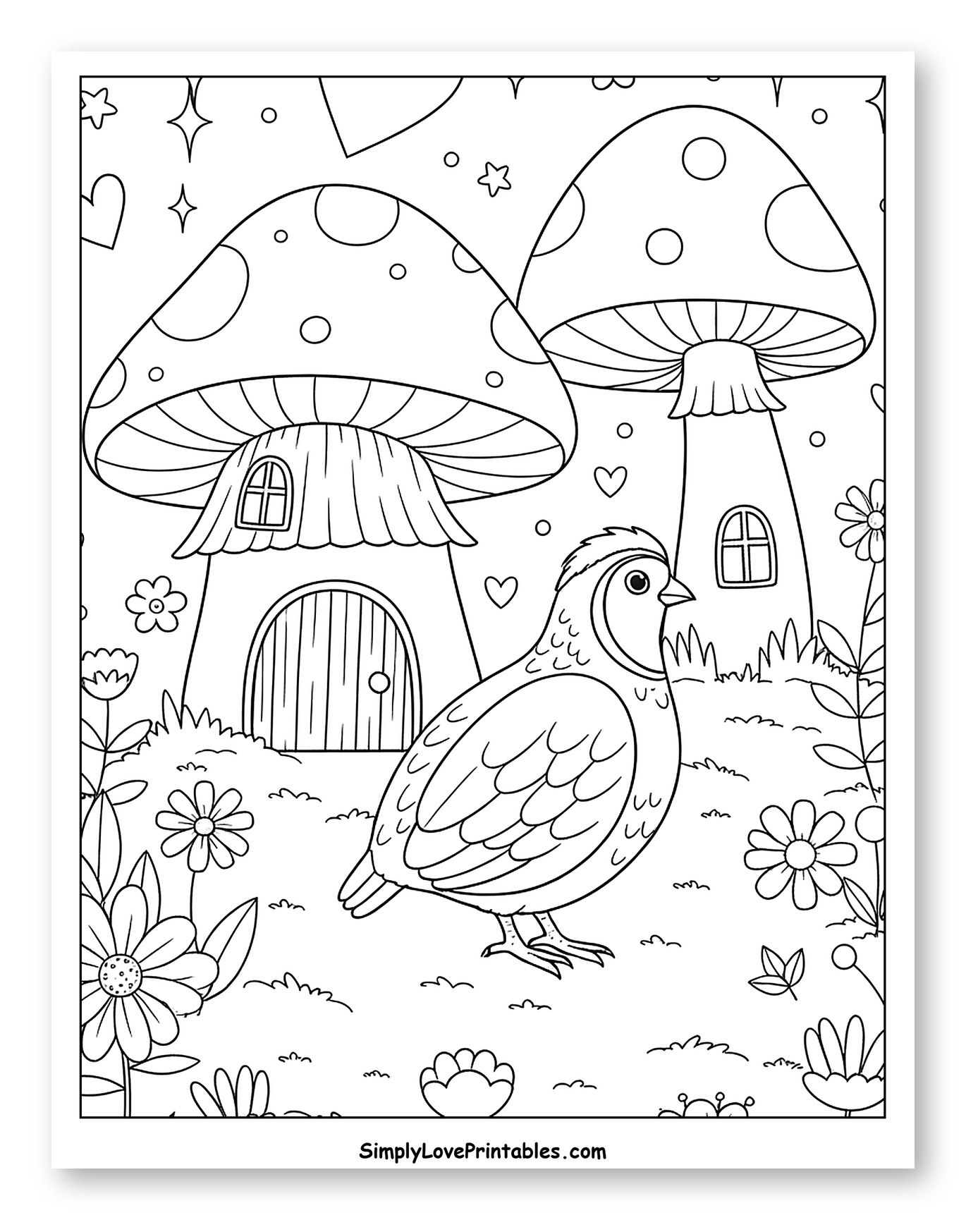 Quail and Mushroom Houses with Flowers