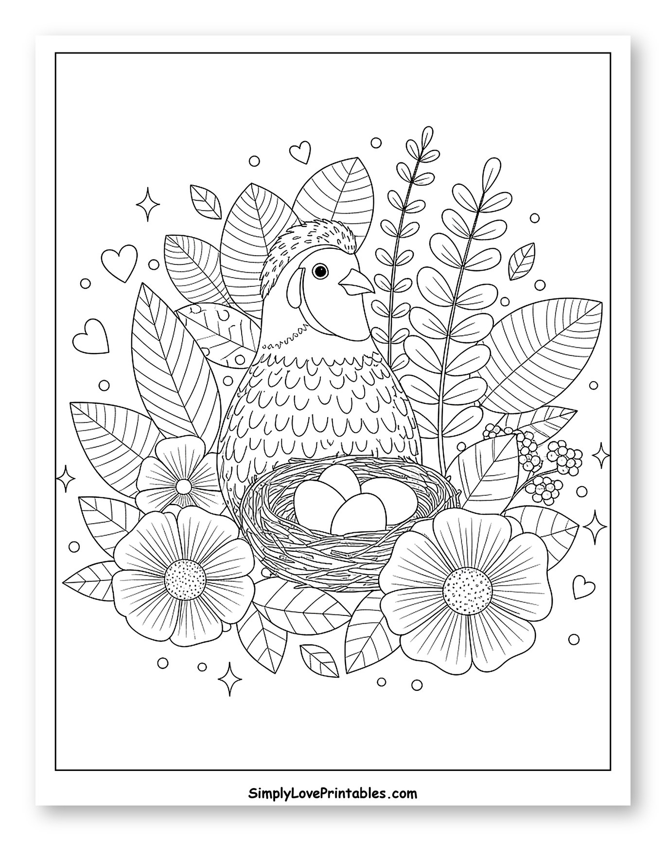 Quail Bird with Nest, Eggs, and Flowers