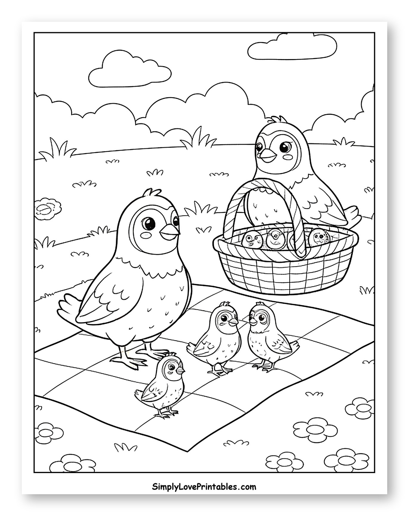 Quail Family Picnic with Chicks to Color for Kids