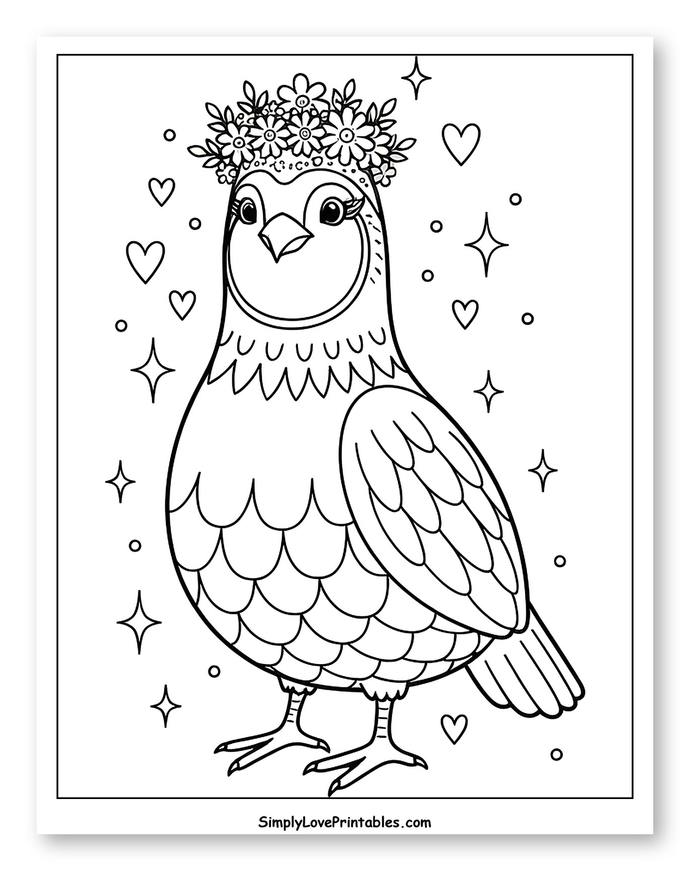 Quail Wearing Flower Crown with Hearts and Stars
