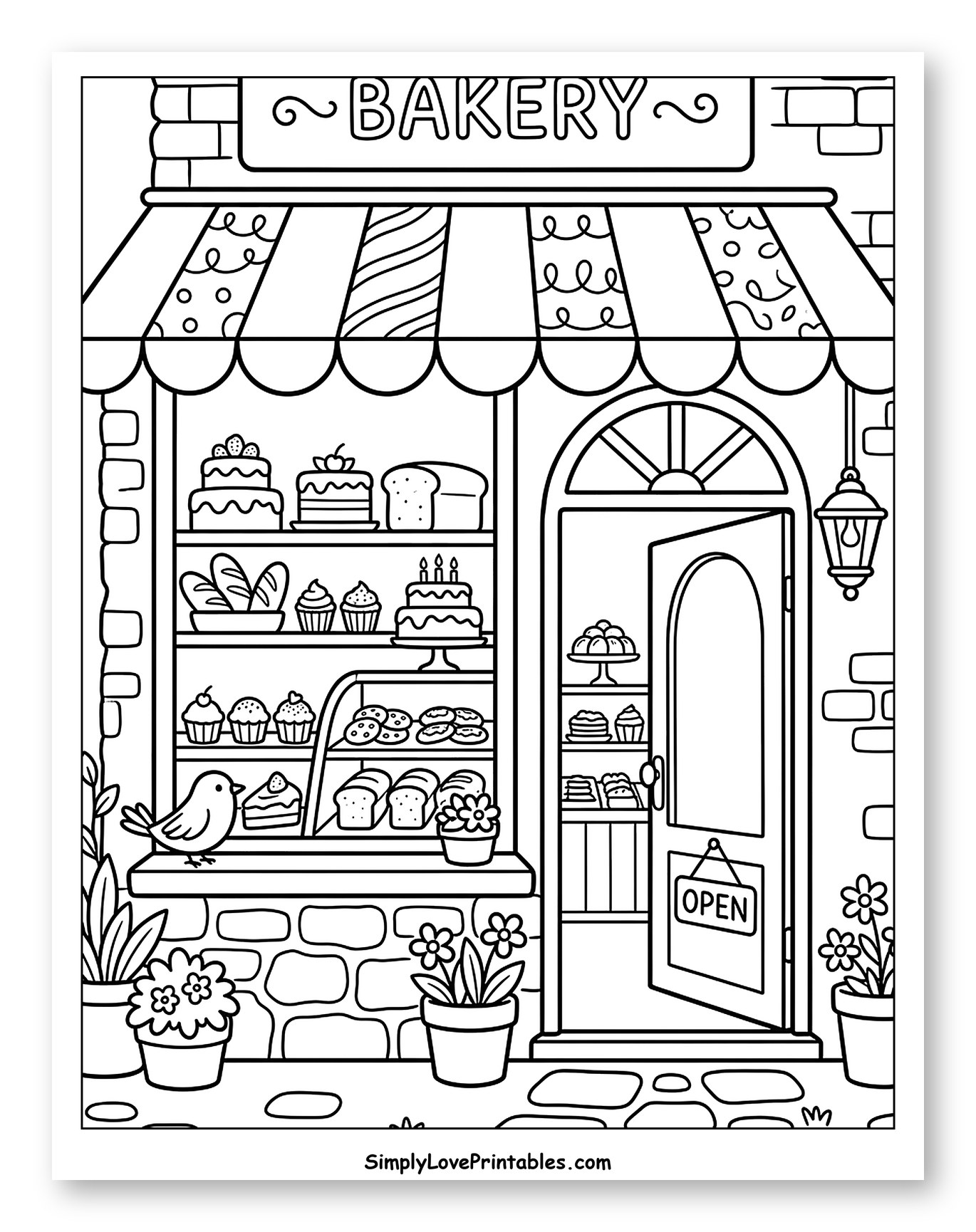 Quaint Bakery Storefront with Delicious Treats Coloring Page for Kids