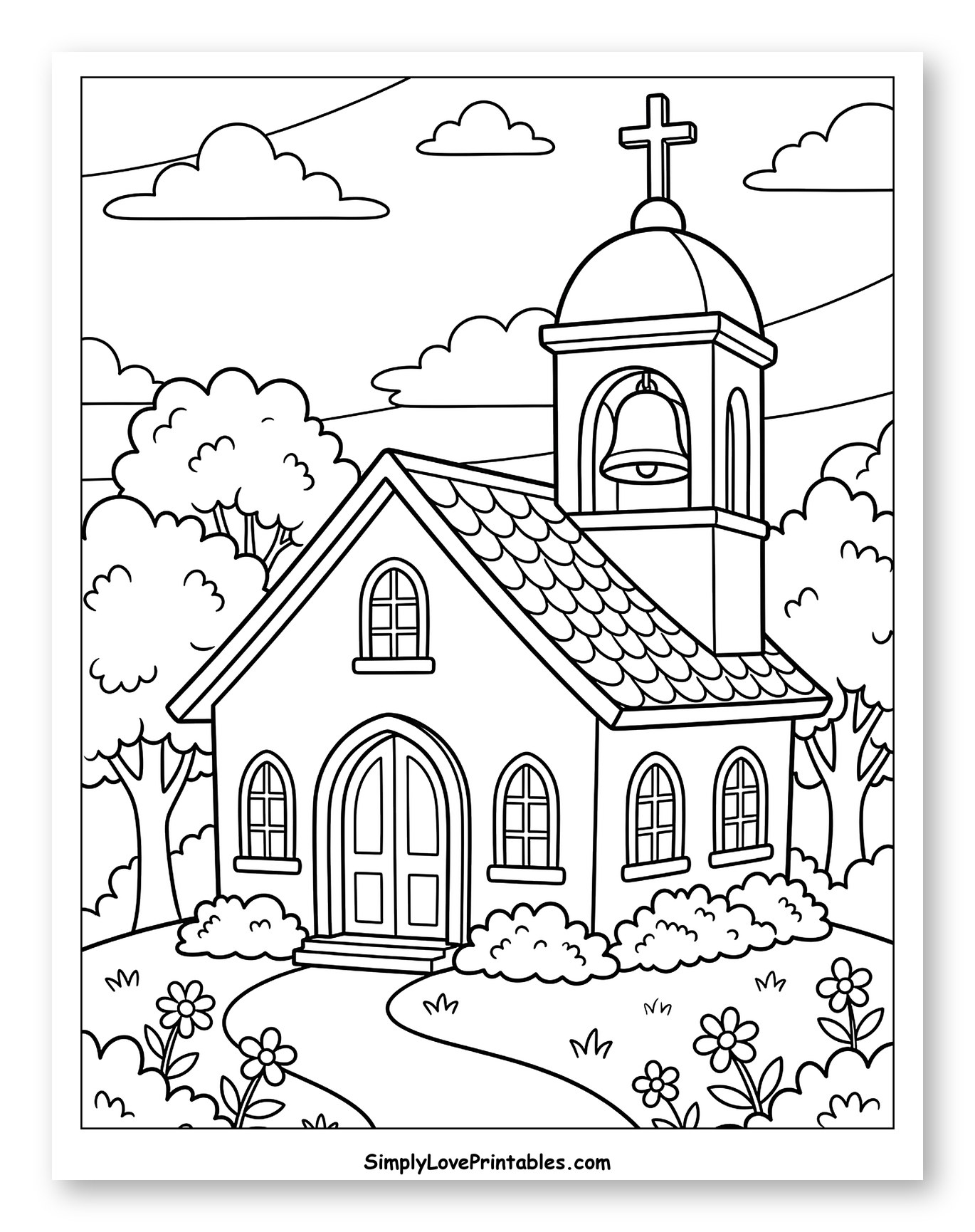 Quaint Church with Bell Tower and Cross to Color for Kids