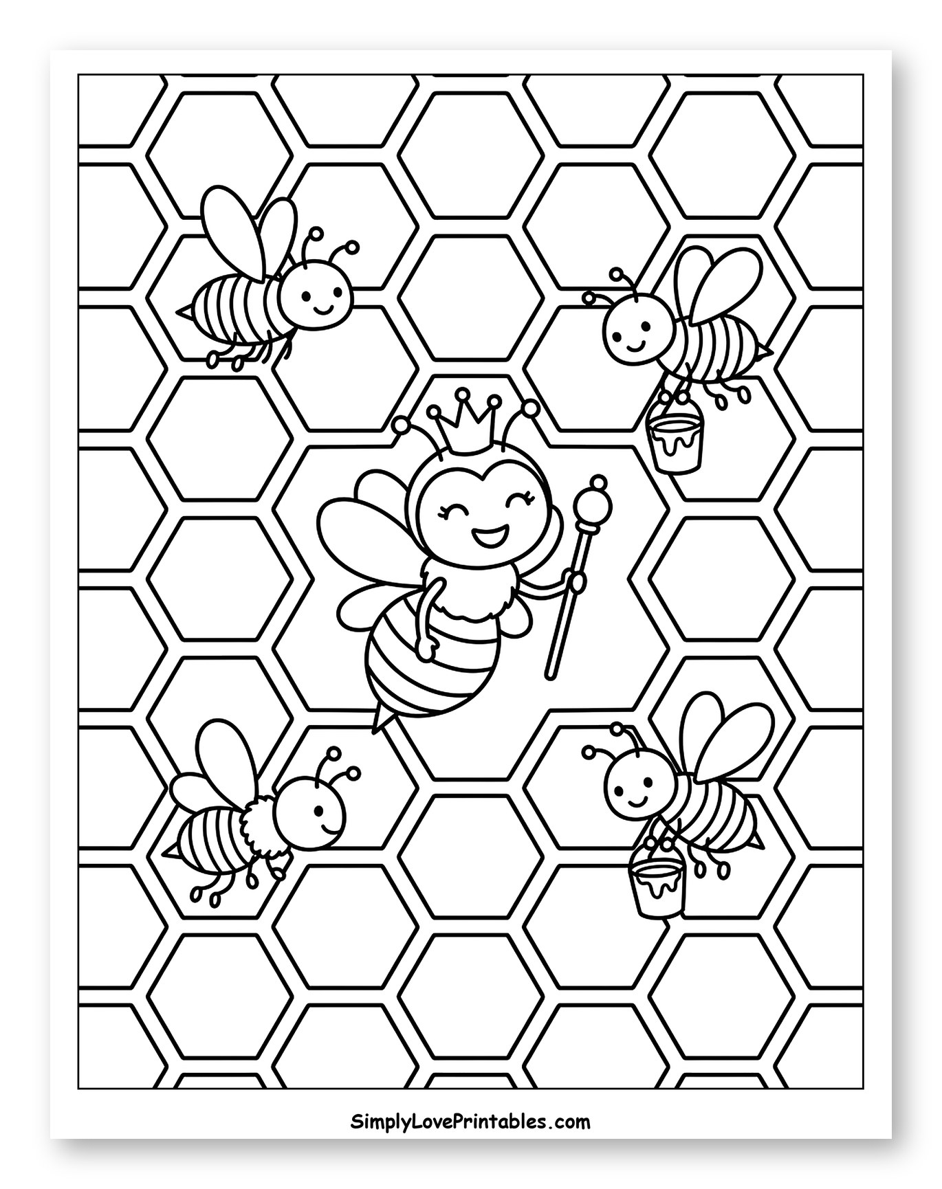 Queen Bee and Worker Bees on Honeycomb Coloring Sheet for Kids