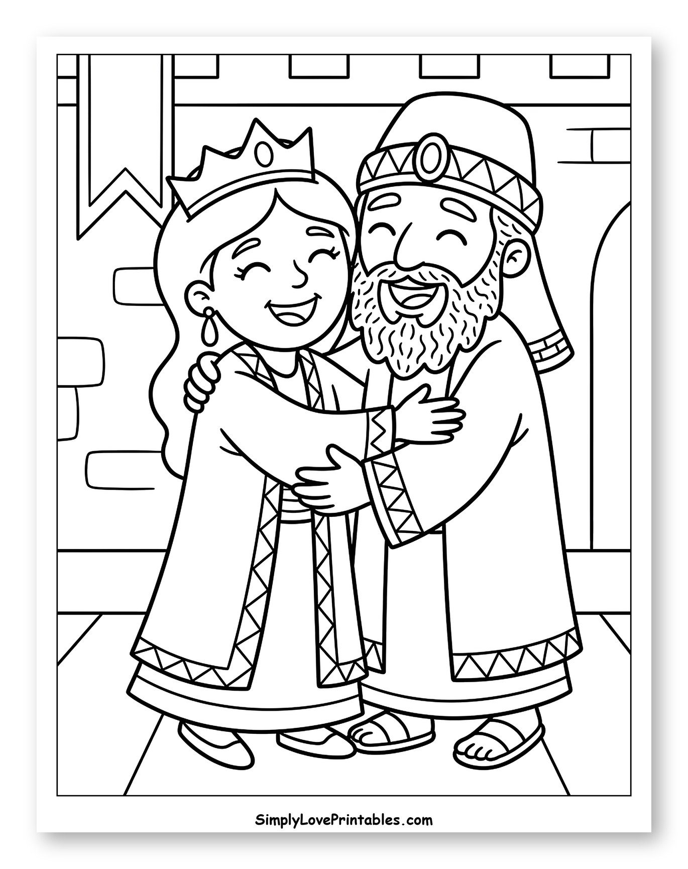 Queen Esther and King Hugging Joyfully to Color for Kids
