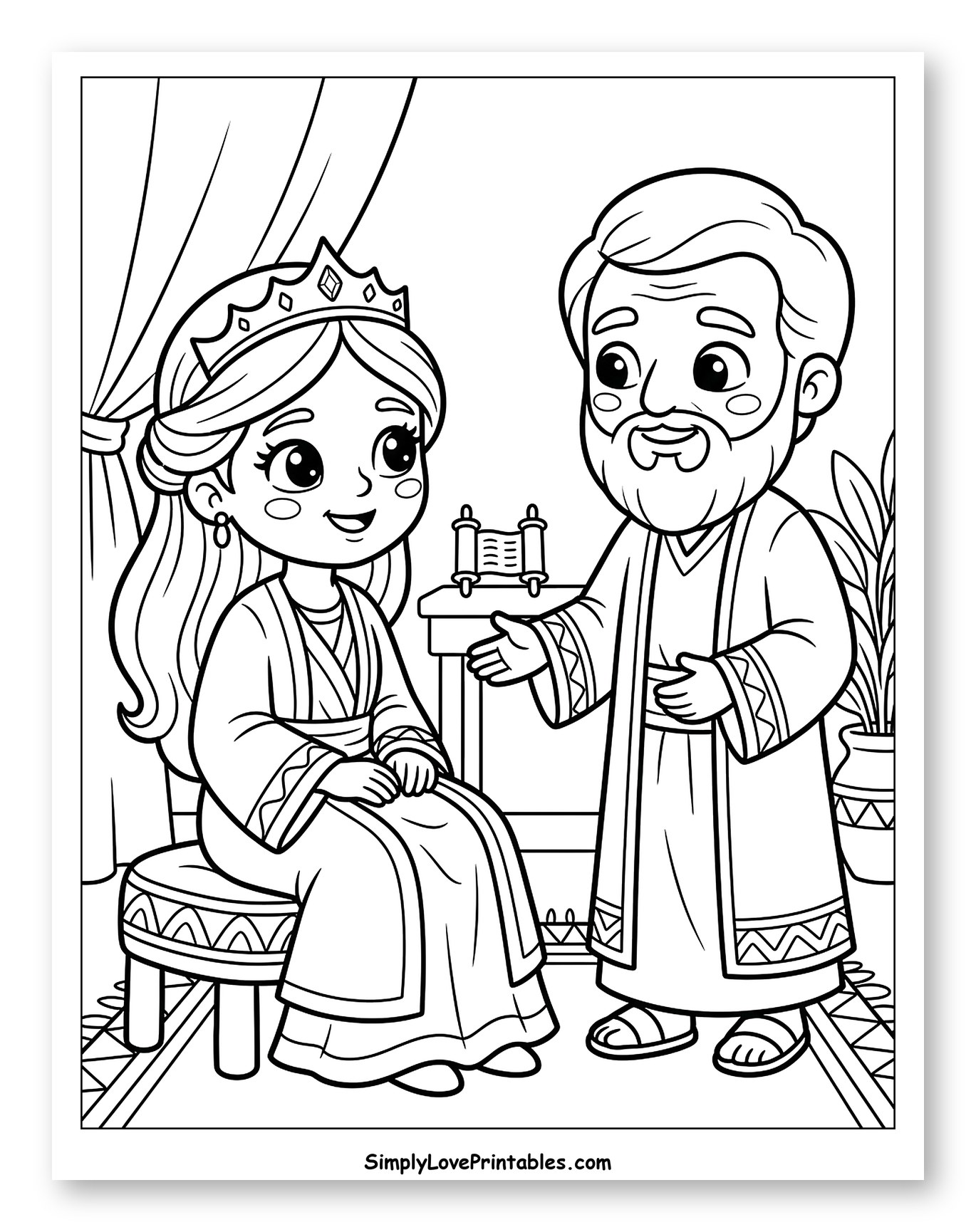 Queen Esther and Mordecai with the Torah Scroll Coloring Page for Kids