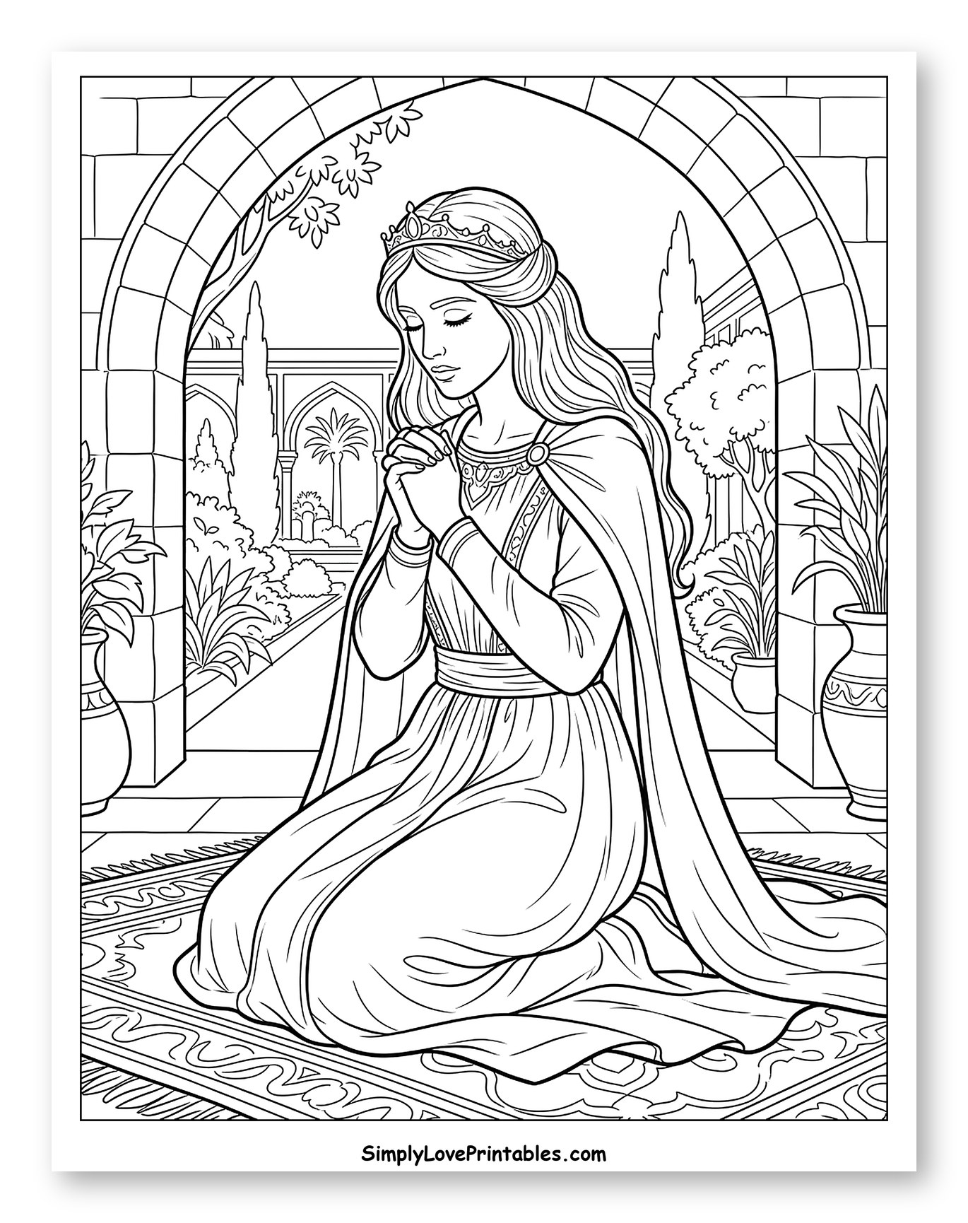 Queen Esther Praying in a Garden Archway Coloring Sheet