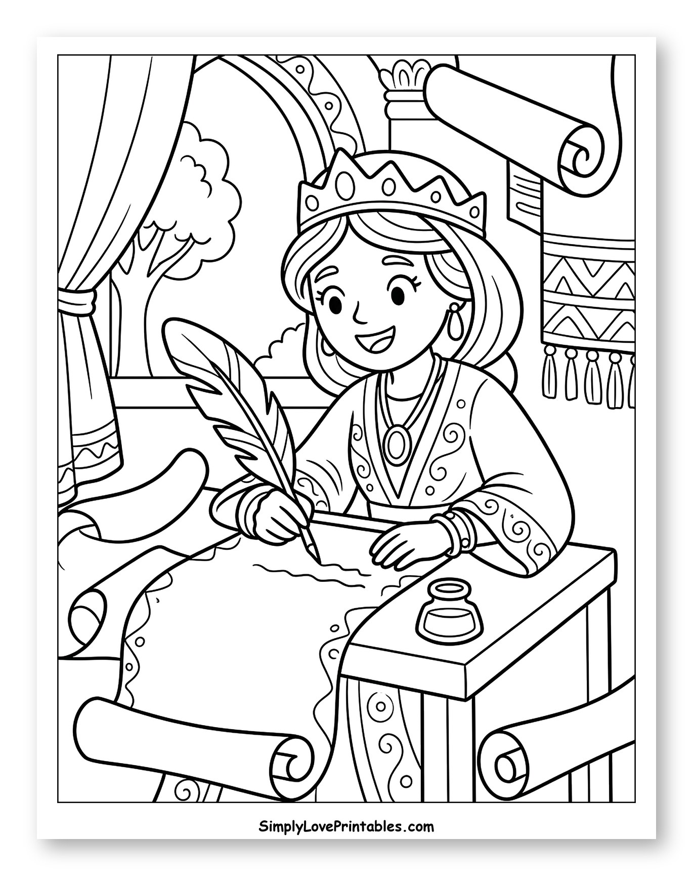 Queen Esther Writing a Scroll Coloring Page for Kids
